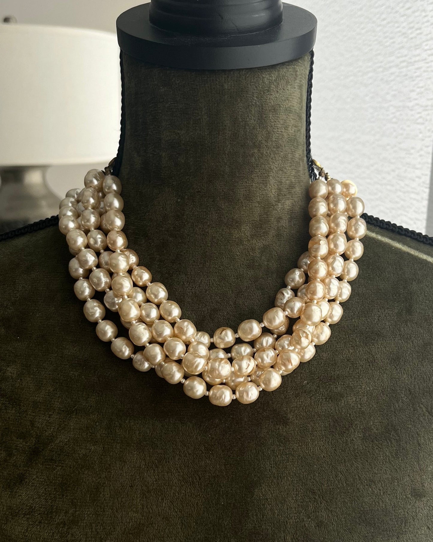 Vintage Miriam Haskell Classic "Niki" Baroque Glass Pearl Five-Stranded Beaded Layered Statement Necklace