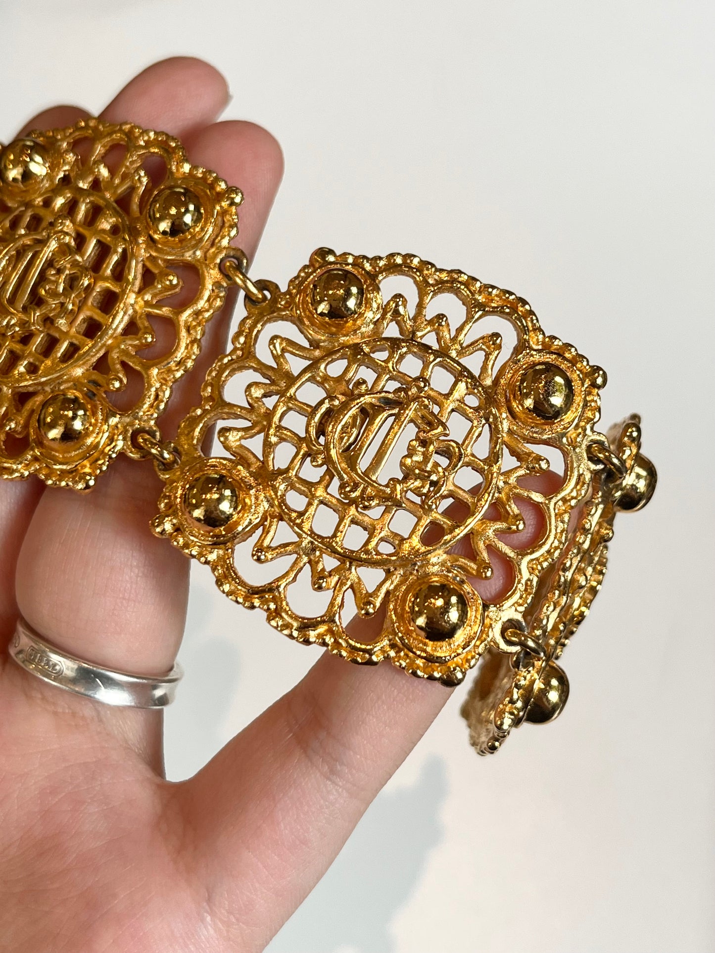 Vintage Christian Dior "Pumpkin Carriage" Collection Classic Monogram Logo Hollow Gold-Tone Bracelet Cuff Bangle