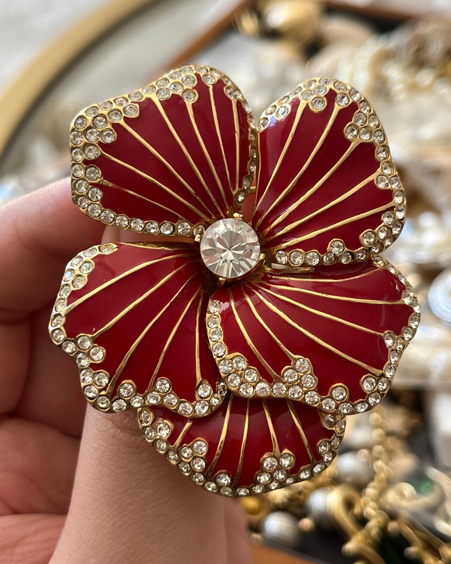 Vintage Ciner Dahlia Flower Red Enamel Rhinestone Edge Stripped Gold-Tone Brooch