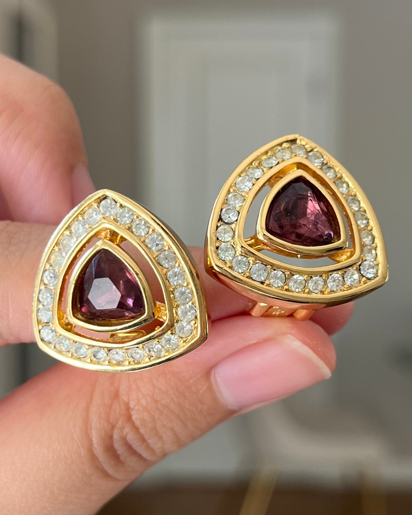Vintage Christian Dior Triangular Purple Rhinestone Hollow Edge Gold-Tone Clip-On Earrings