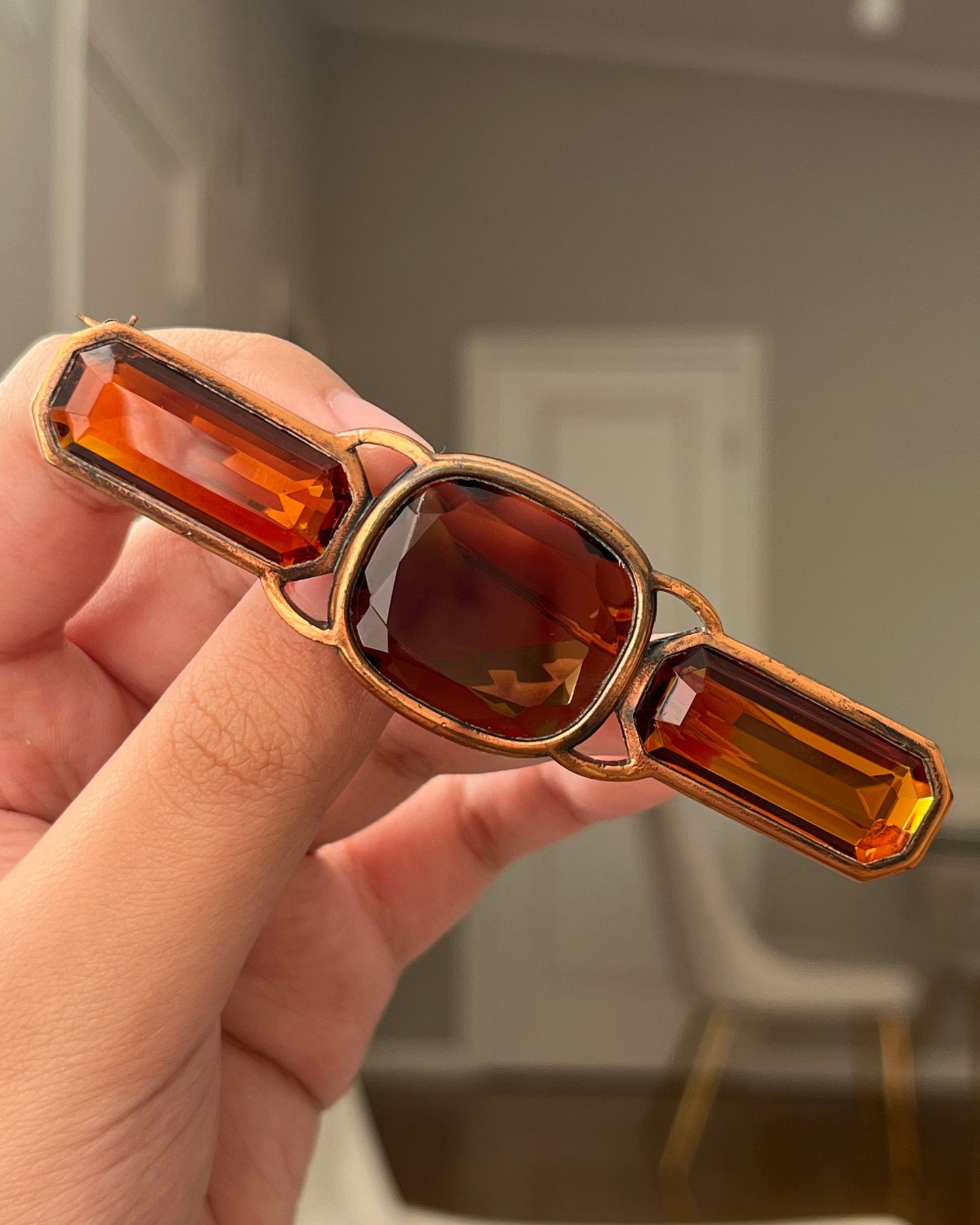 Vintage Yves Saint Laurent YSL Large Open Back Brown Rhinestone Rose Gold-Tone Bar Brooch