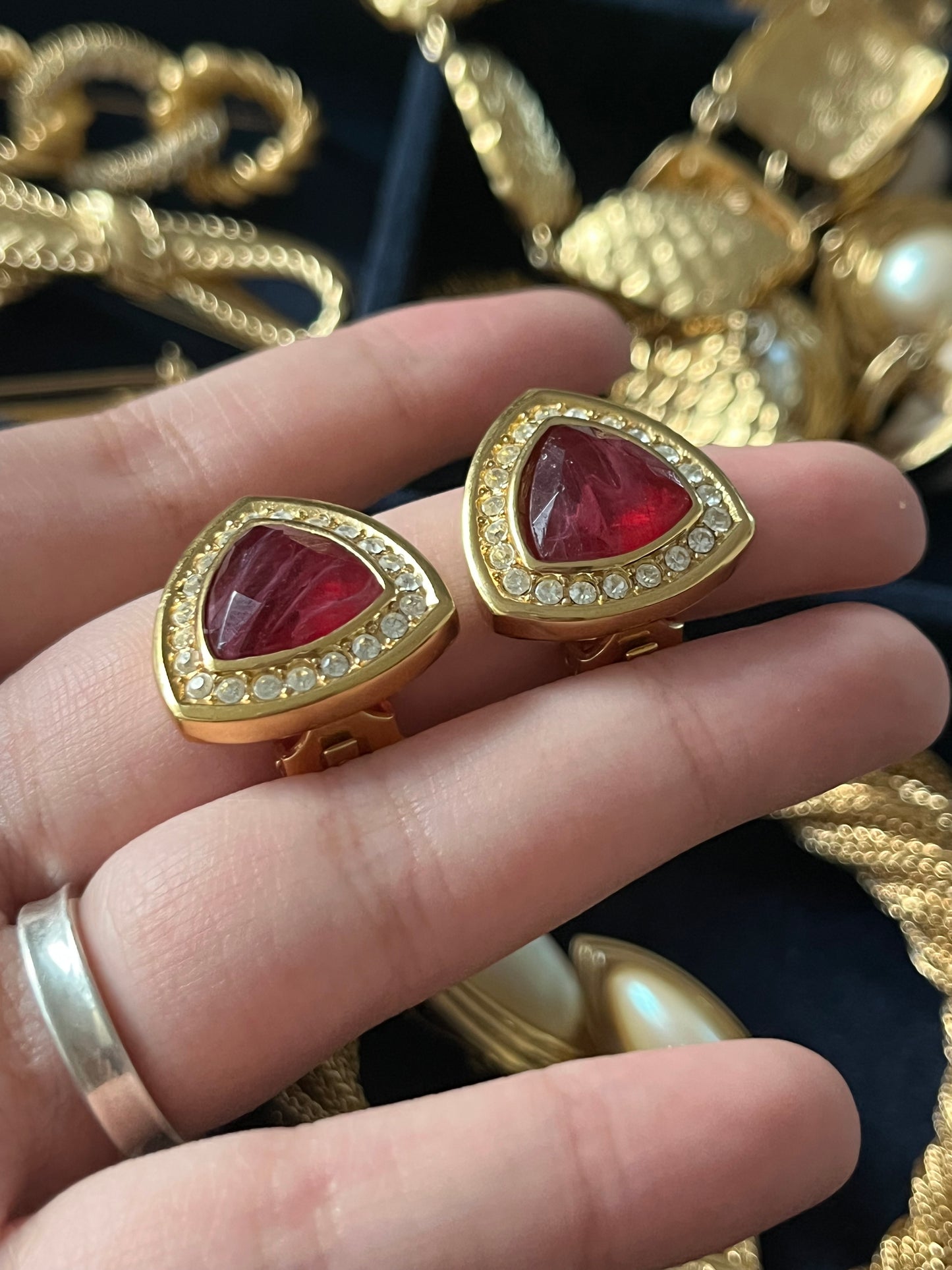 Vintage Christian Dior Triangular Red Swirly Glass Cabochon Rhinestone Edge Gold-Tone Clip-On Earrings