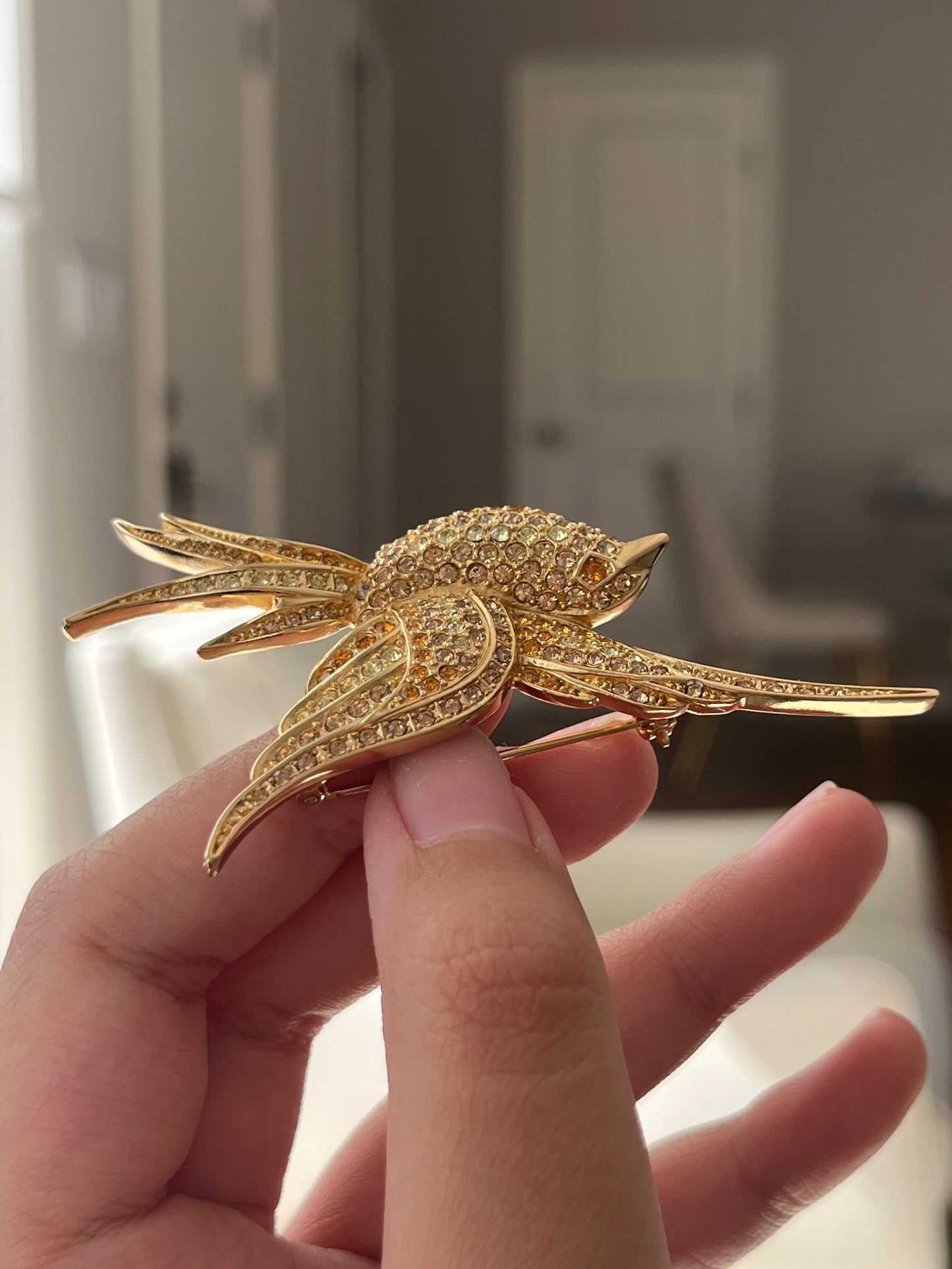 Vintage Christian Dior "Swallow" Bird Yellow Orange Rhinestone Pavé Gold-Tone Brooch