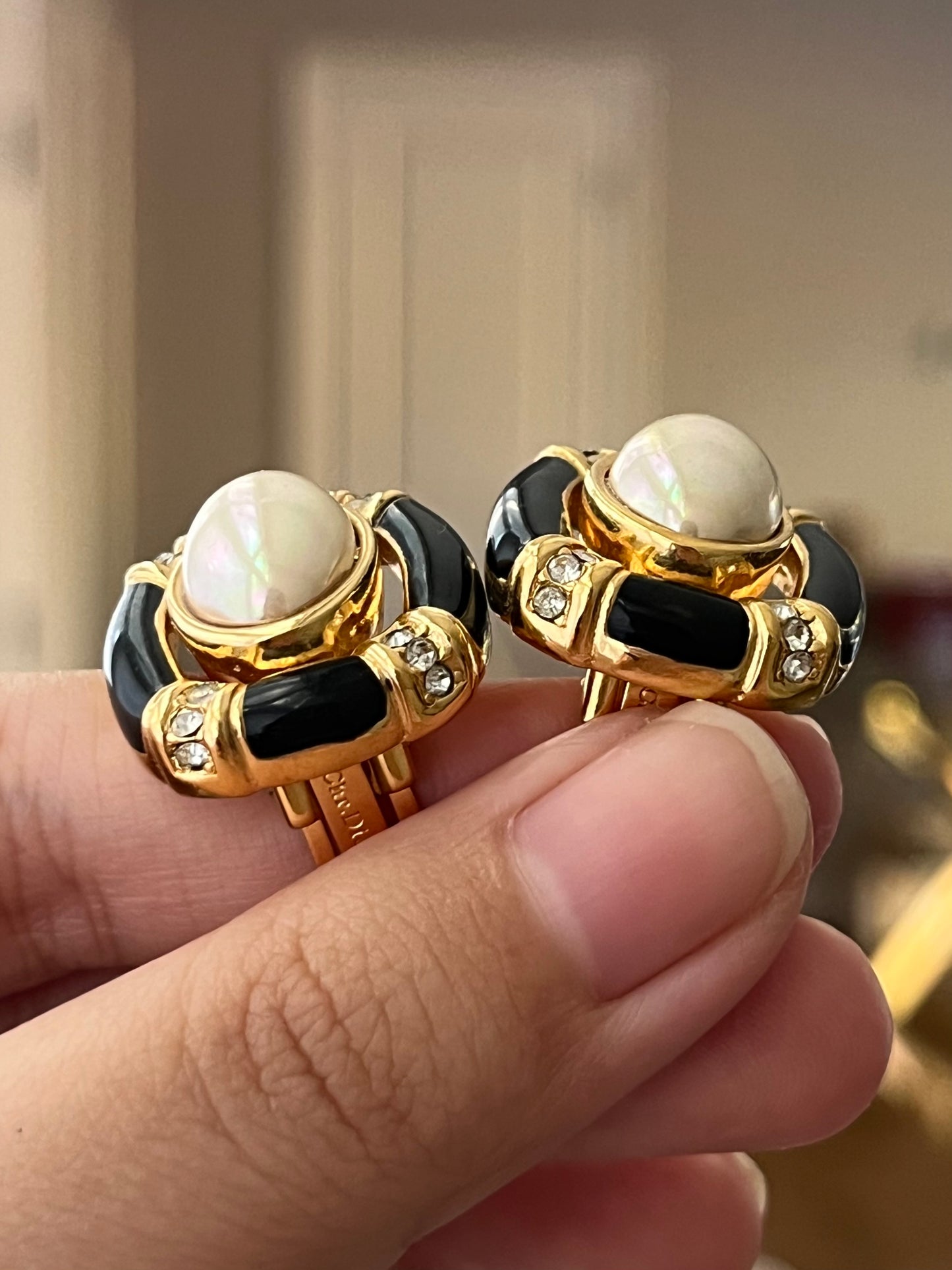 Vintage Christian Dior Oval Pearl Cabochon Hollow Black Enamel Edge Gold-Tone Clip-On Earrings