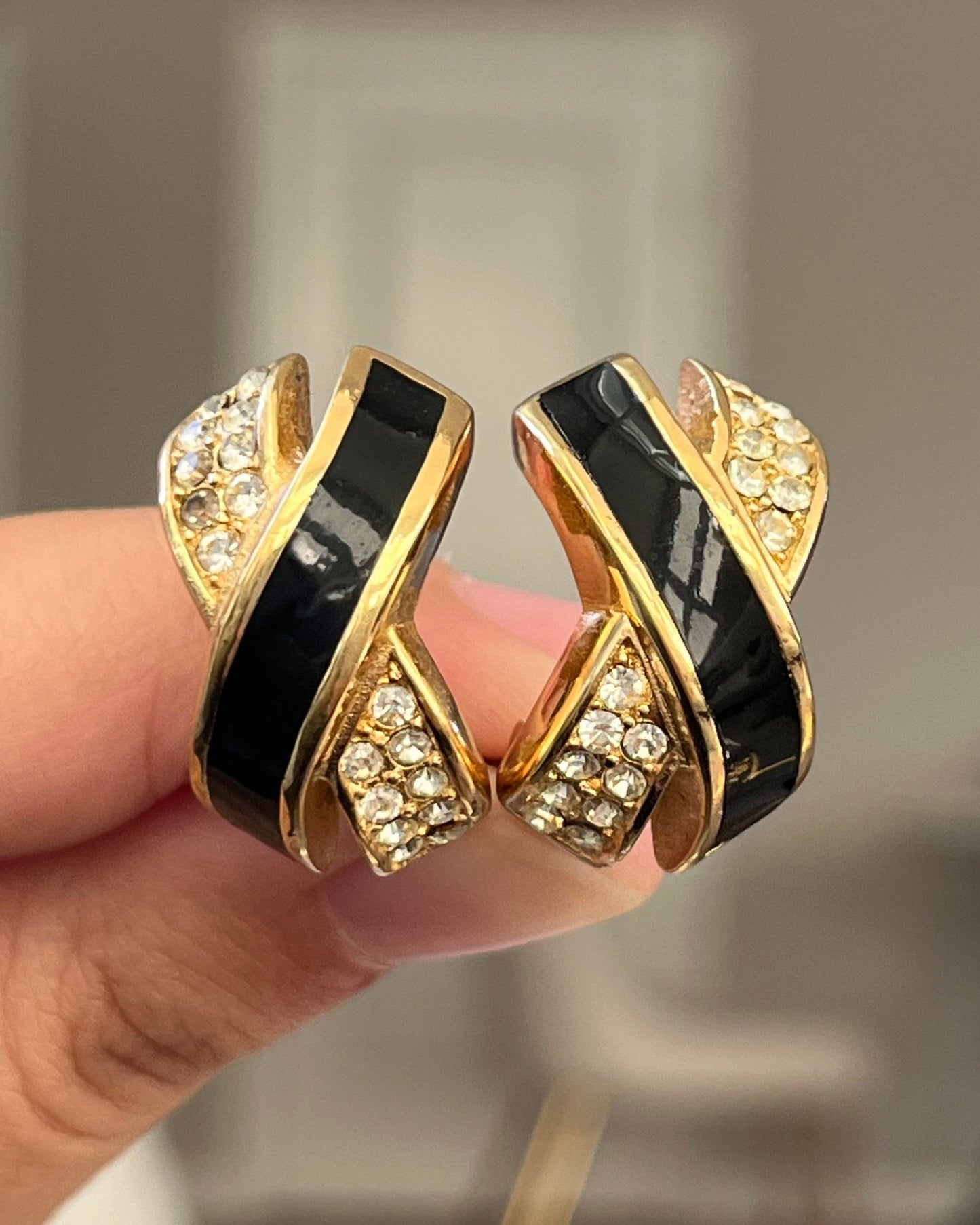 Vintage Christian Dior Classic "X" Cross Black Enamel Rhinestone Pavé Gold-Plated Clip-On Earrings