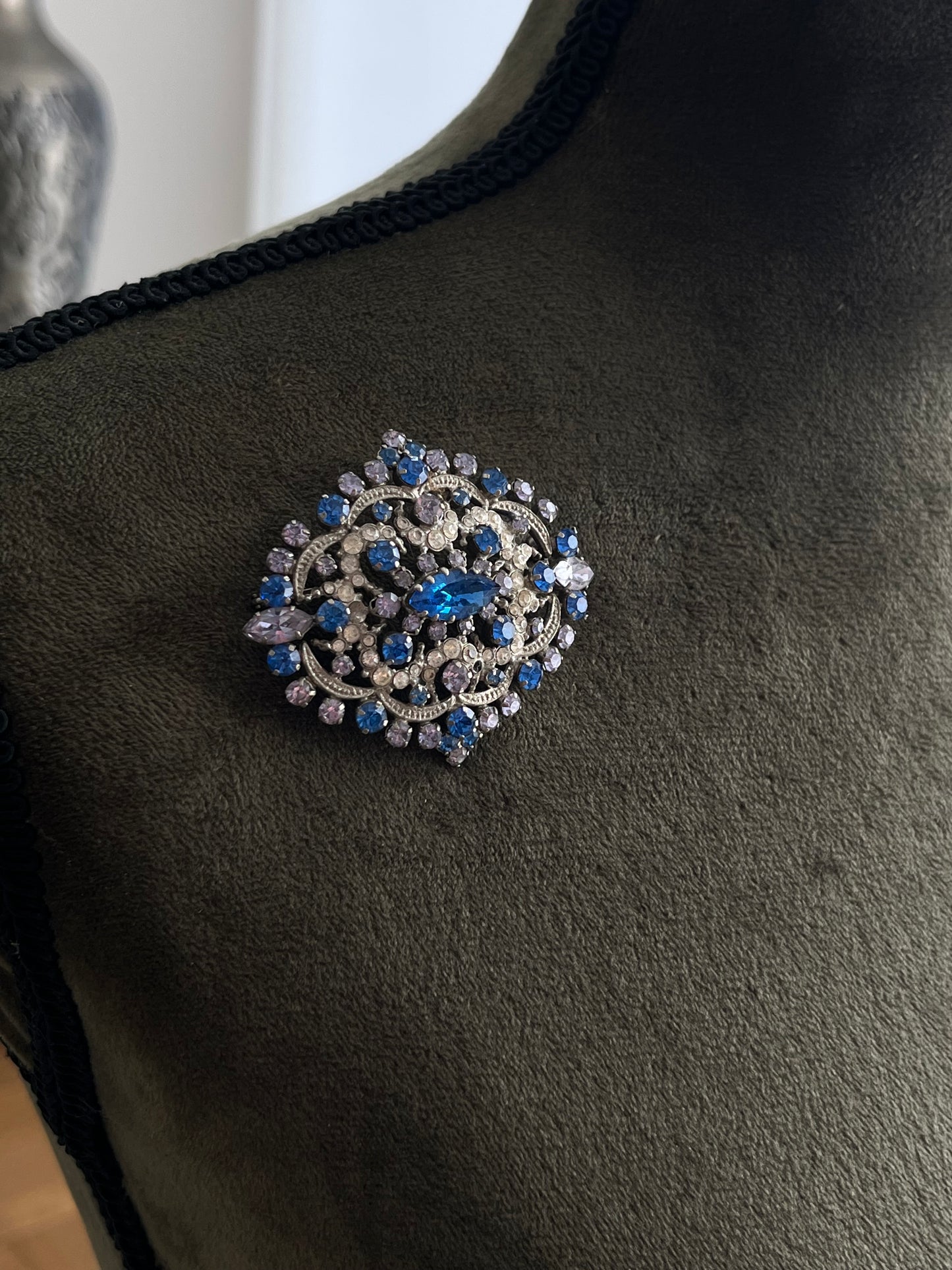 Vintage Made In Austria Blue Purple Clear Rhinestone Silver-Tone Brooch