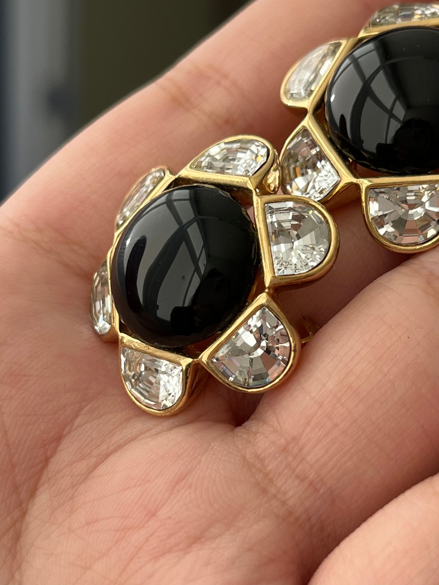 Vintage Christian Dior Flower Round Black Poured Glass Cabochon Large Rhinestone Pedal Gold-Plated Clip-On Earrings