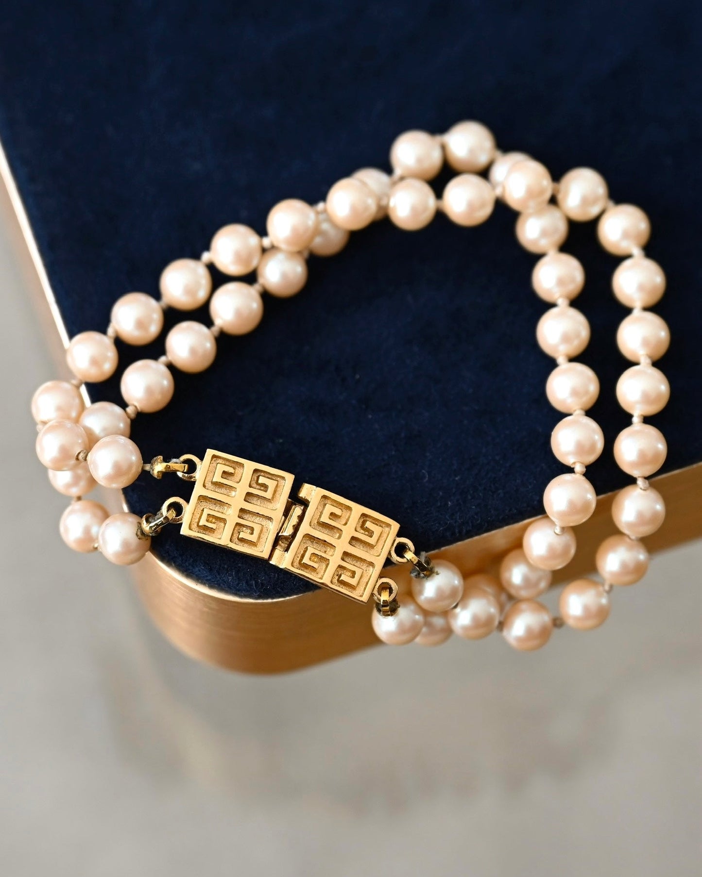 Vintage Givenchy Classic "G" Logo Clasp Double-Stranded Layered Pearl Gold-Tone Bracelet