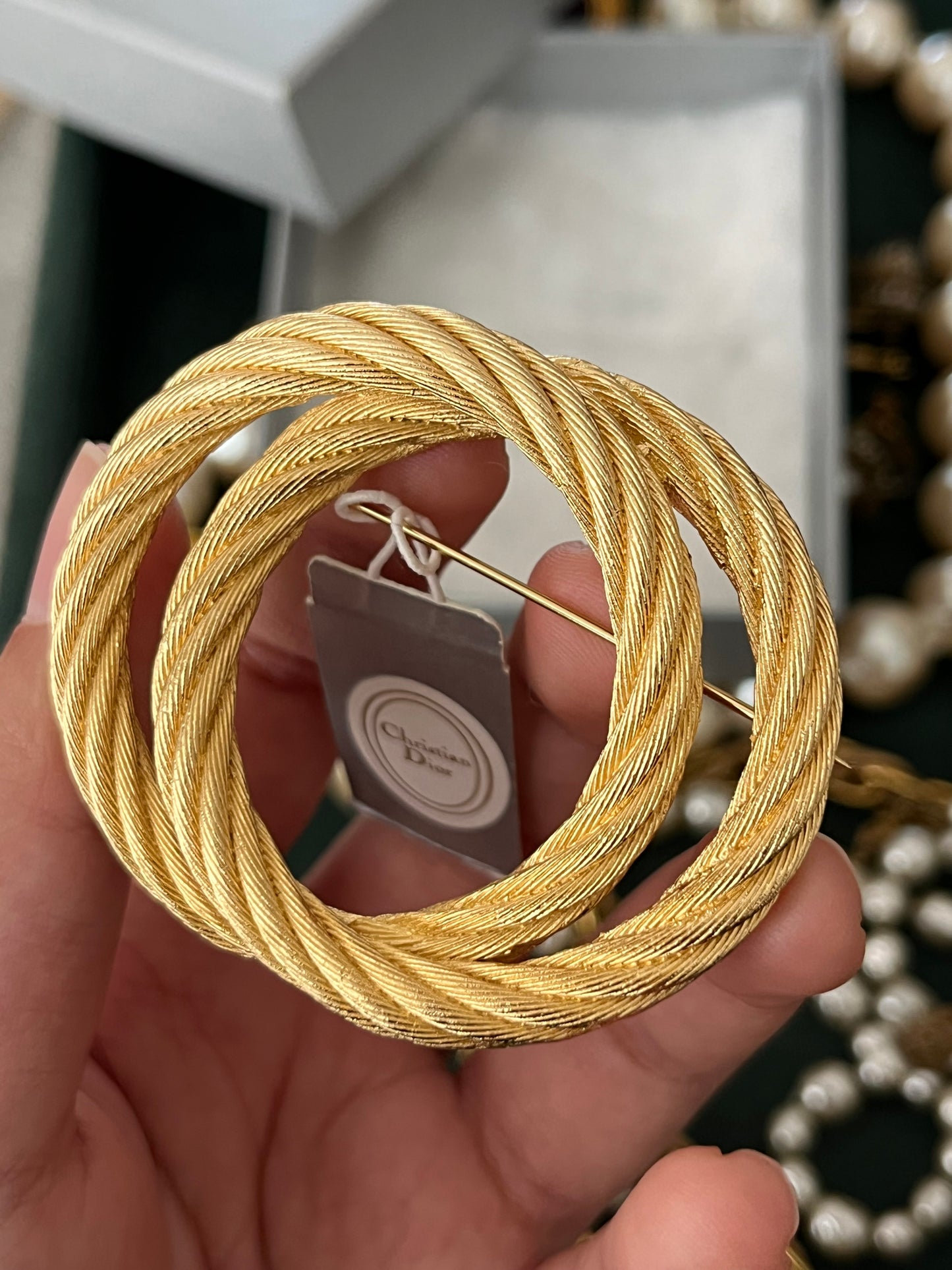 Vintage Christian Dior "Rope" Collection Double Knot Brushed Gold Gold-Tone Round Brooch New in Box