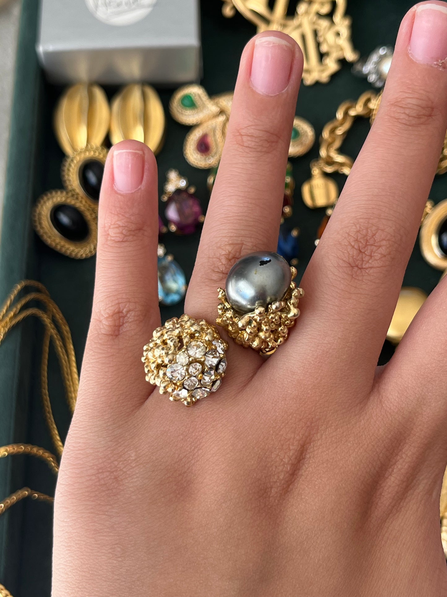 Vintage Grossé (Christian Dior) 1966 Faux Grey Tahitian Pearl Irregular Nugget Gold-Plated Adjustable Open Cocktail Ring
