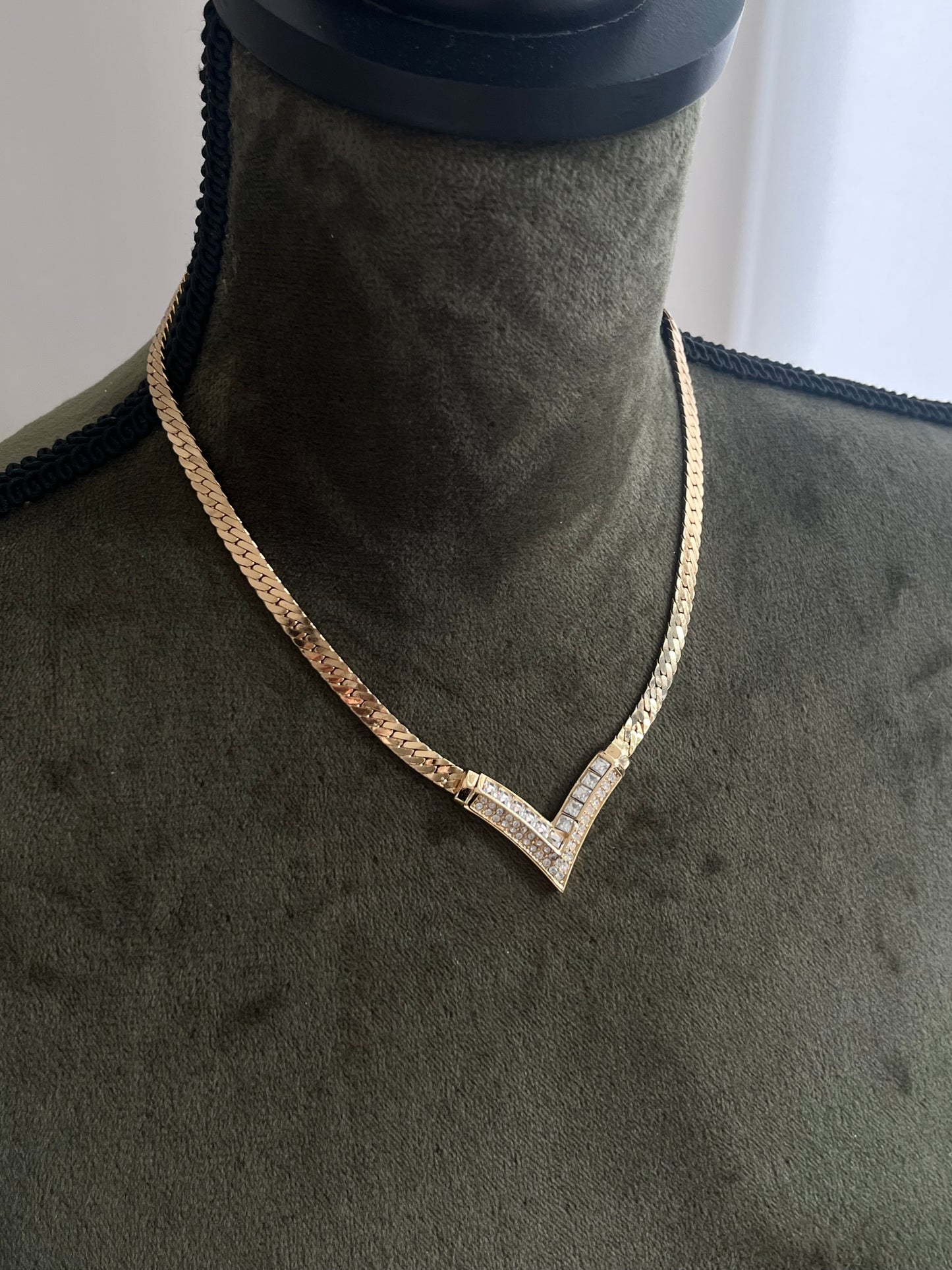 Vintage Christian Dior "V" Shape Square Clear Rhinestone Gold-Tone Chain Necklace