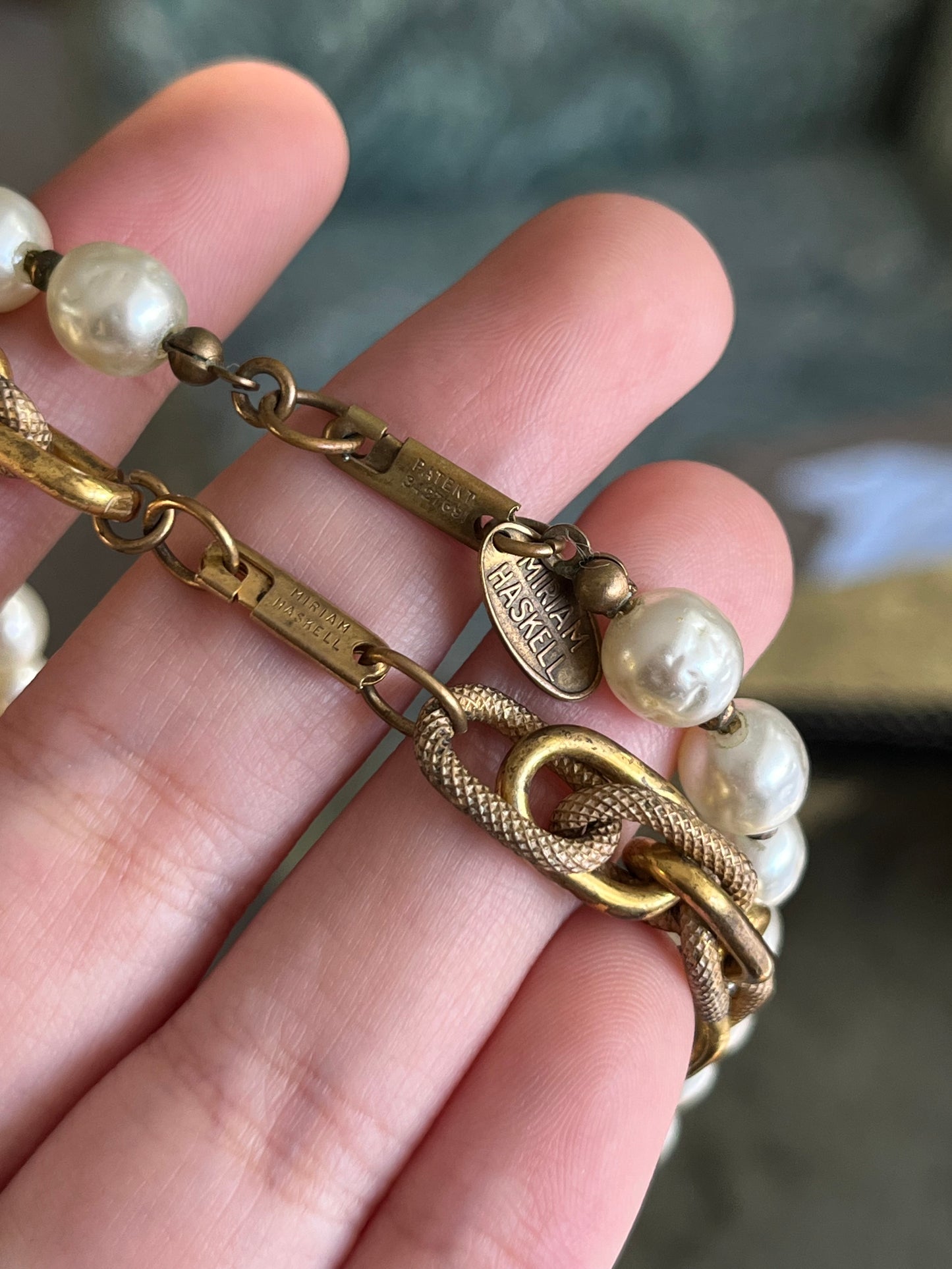 Vintage Miriam Haskell Classic "Niki" Baroque Glass Pearl Bronze-Tone Chain Long Necklace Set