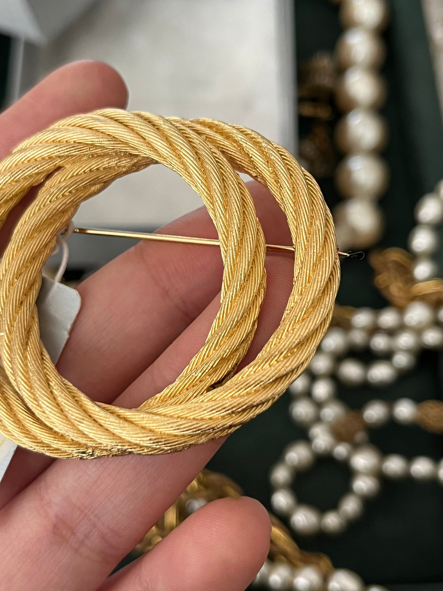 Vintage Christian Dior "Rope" Collection Double Knot Brushed Gold Gold-Tone Round Brooch New in Box