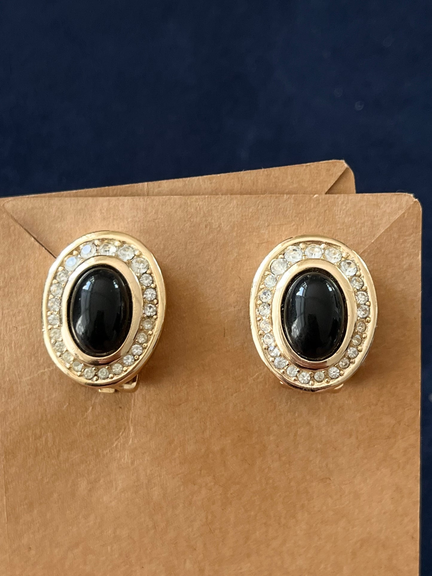 Vintage Christian Dior Oval Black Poured Glass Cabochon Rhinestone Edge Gold-Tone Clip-On Earrings