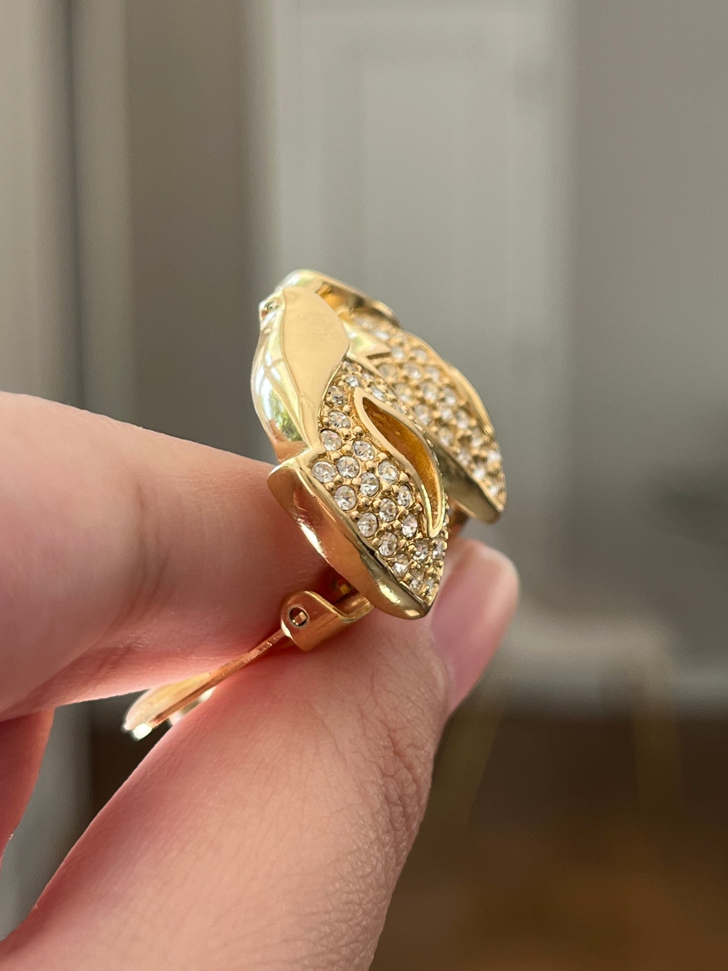 Vintage Christian Dior Pedal Flame Rhinestone Pavé Gold-Tone Clip-On Earrings