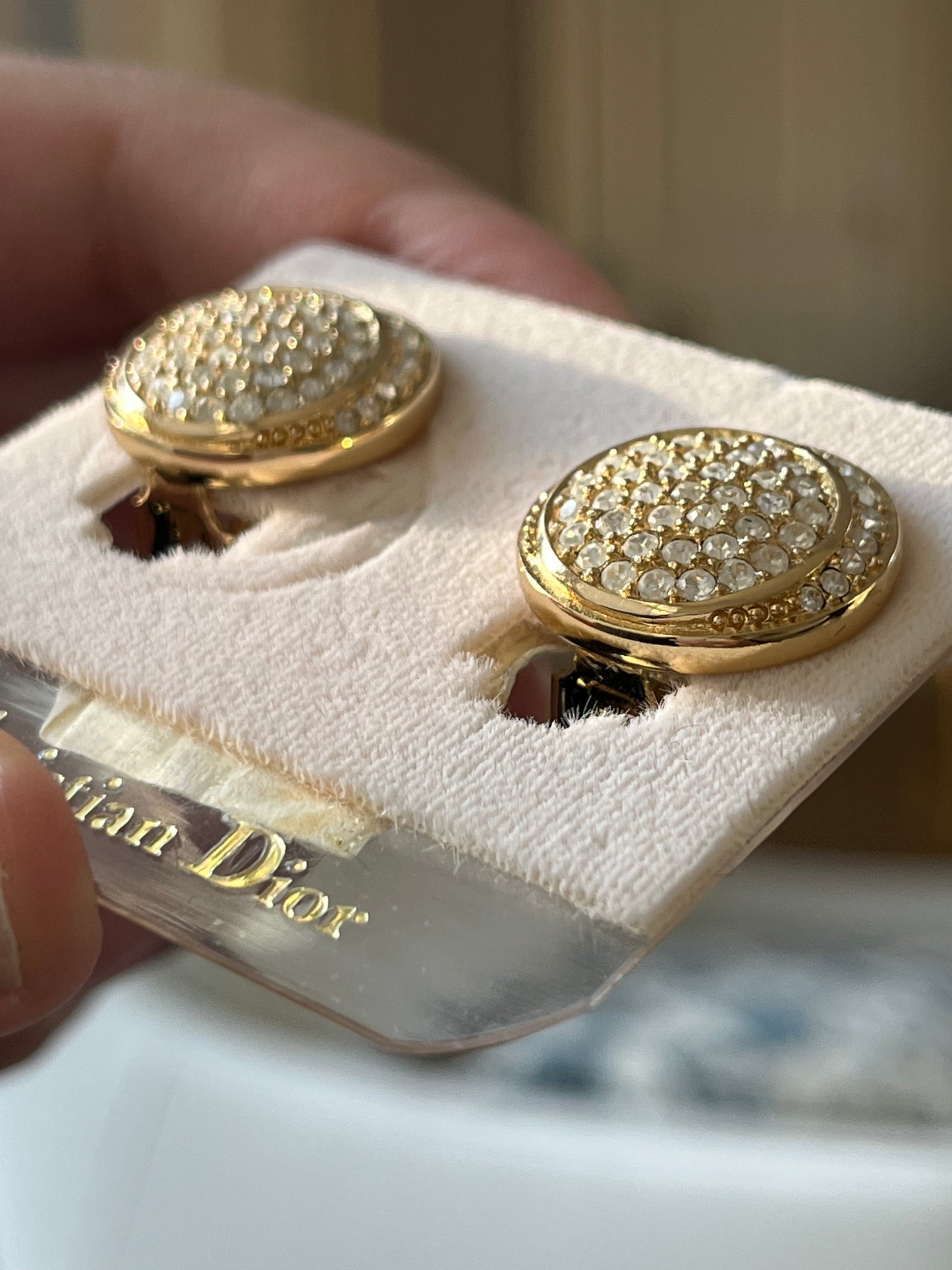 Vintage Christian Dior Rhinestone Pavé Round Gold-Tone Clip-On Earrings with Card