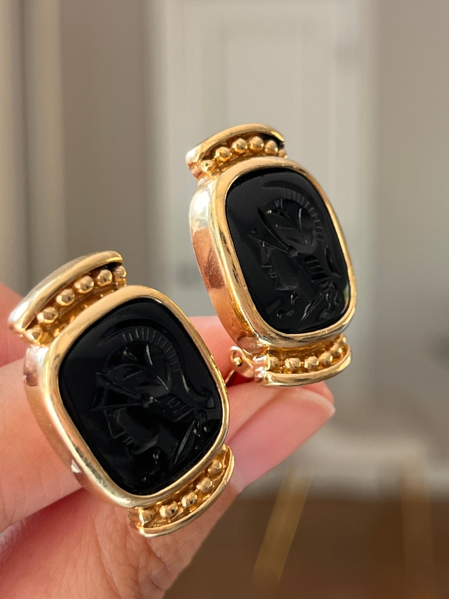 Vintage Givenchy Greek Hoplite Cameo Black Molded Glass Cabochon Gold-Tone Clip-On Earrings