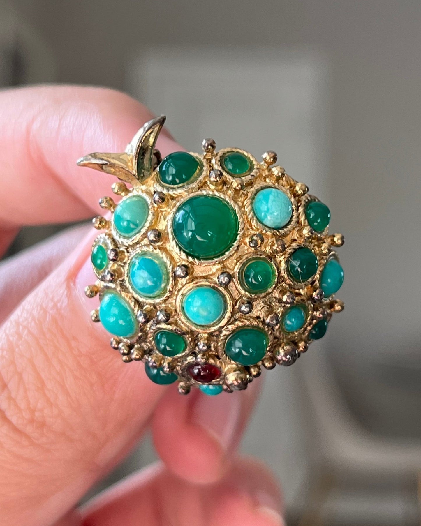 Vintage Grossé (Christian Dior) 1966 Fruit Turquoise Amazonite Faux Jade Cabochon Gold-Tone Brooch