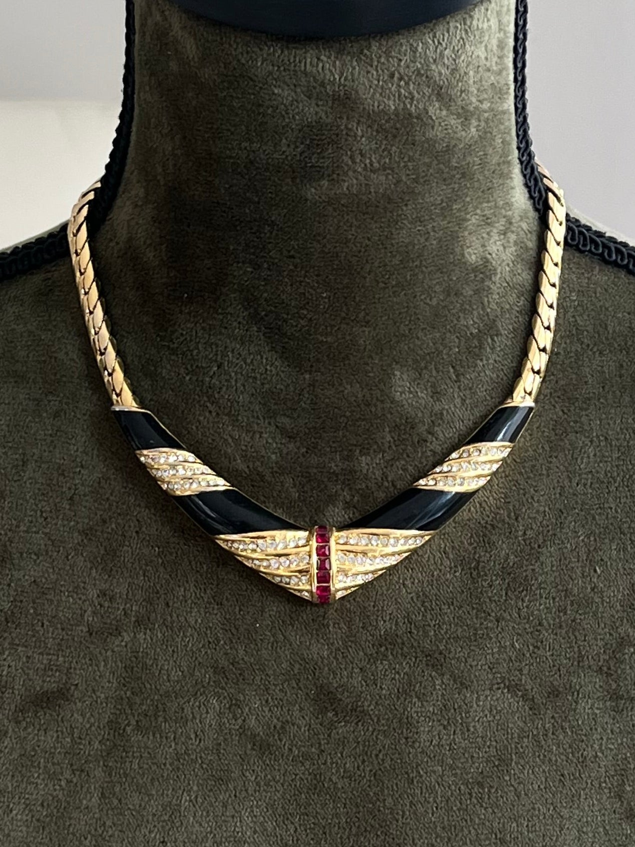 Vintage Christian Dior "V" Square Red Rhinestone Black Enamel Gold-Tone Clip-On Earrings Necklace Set