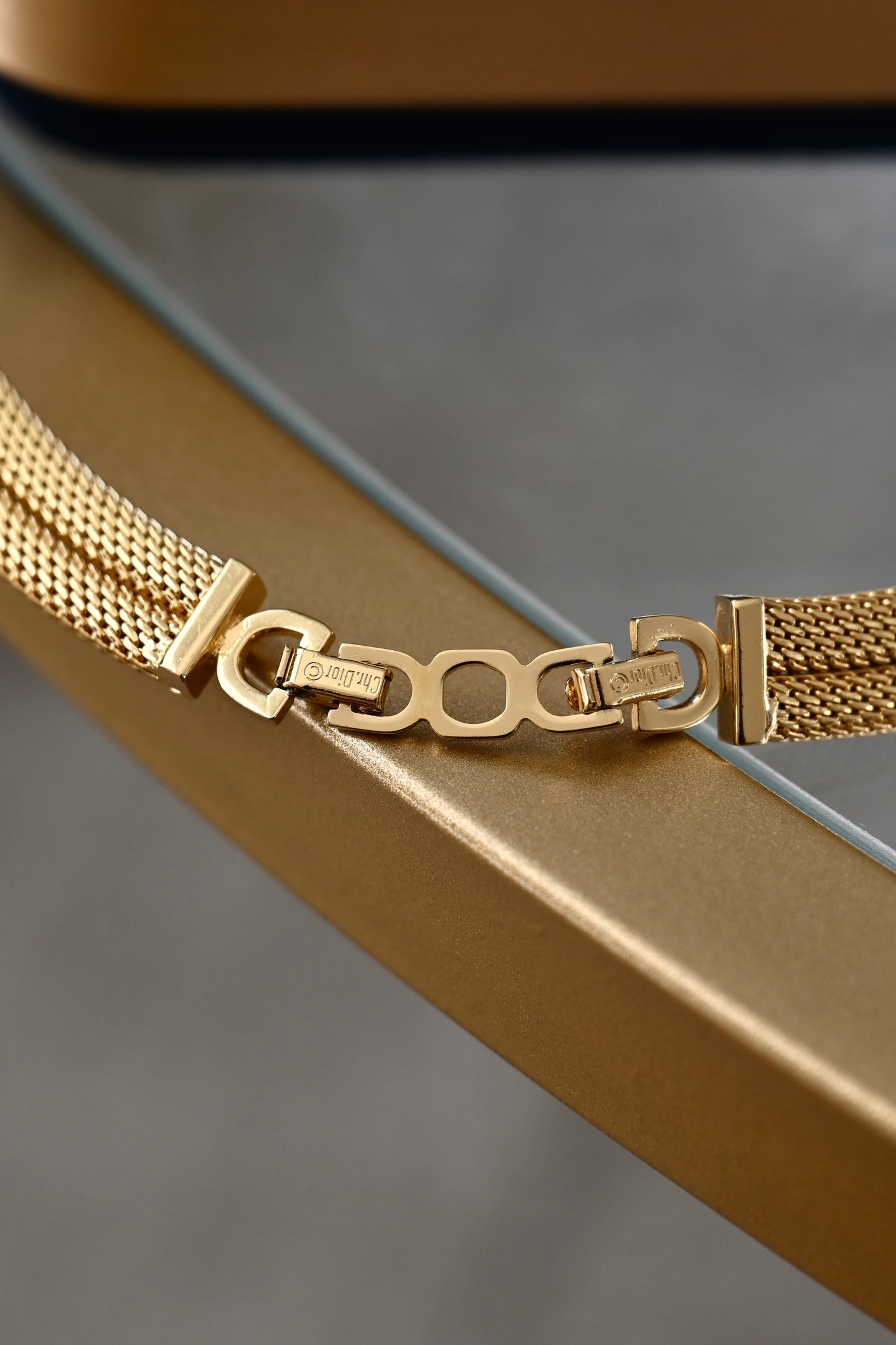 Vintage Christian Dior Rectangular Greenish Yellow Rhinestone Thick Braided Mesh Chain Gold-Tone Choker Necklace