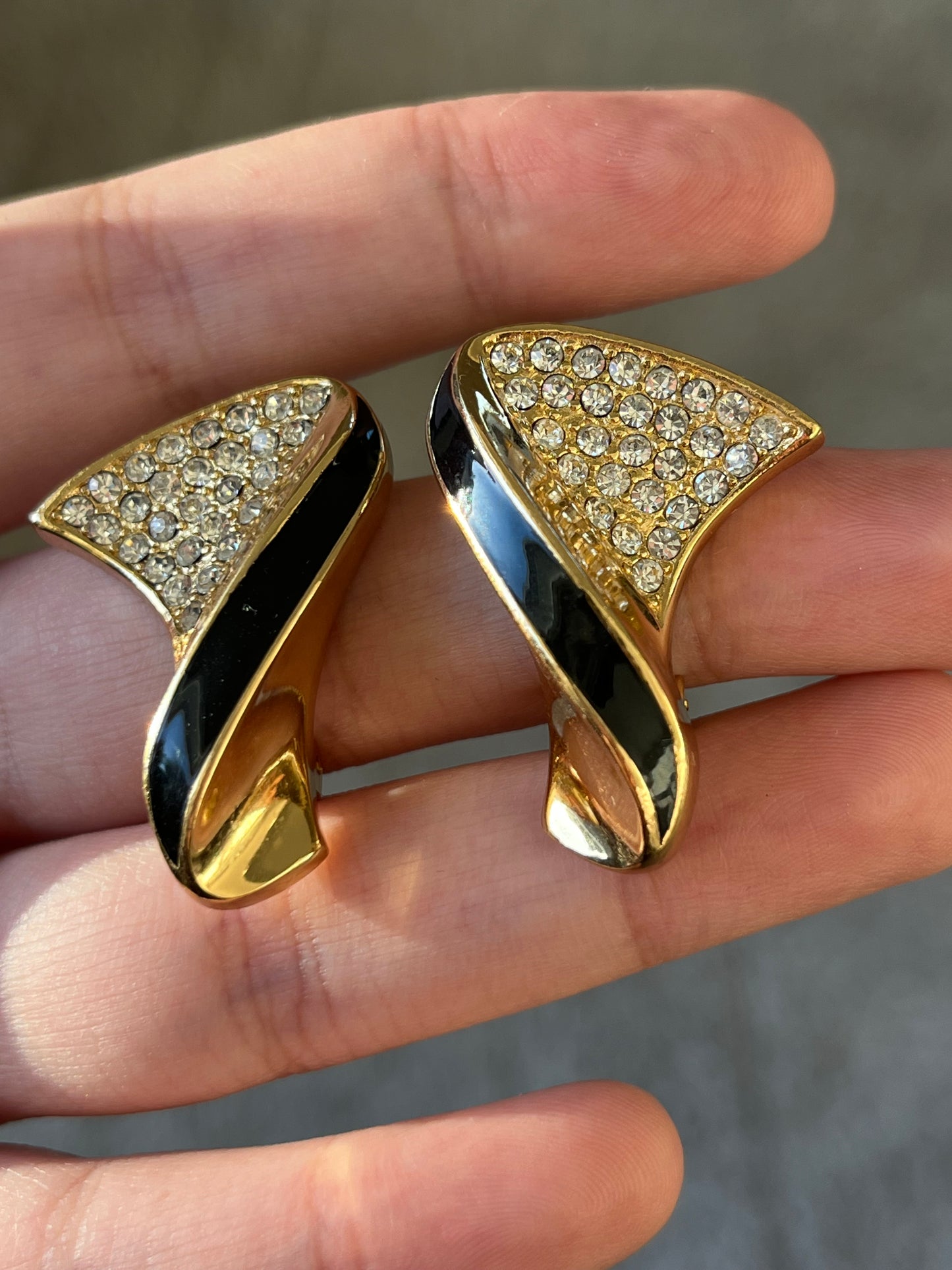 Vintage Christian Dior Classic Twisted Fan Black Enamel Rhinestone Pavé Gold-Tone Clip-On Earrings