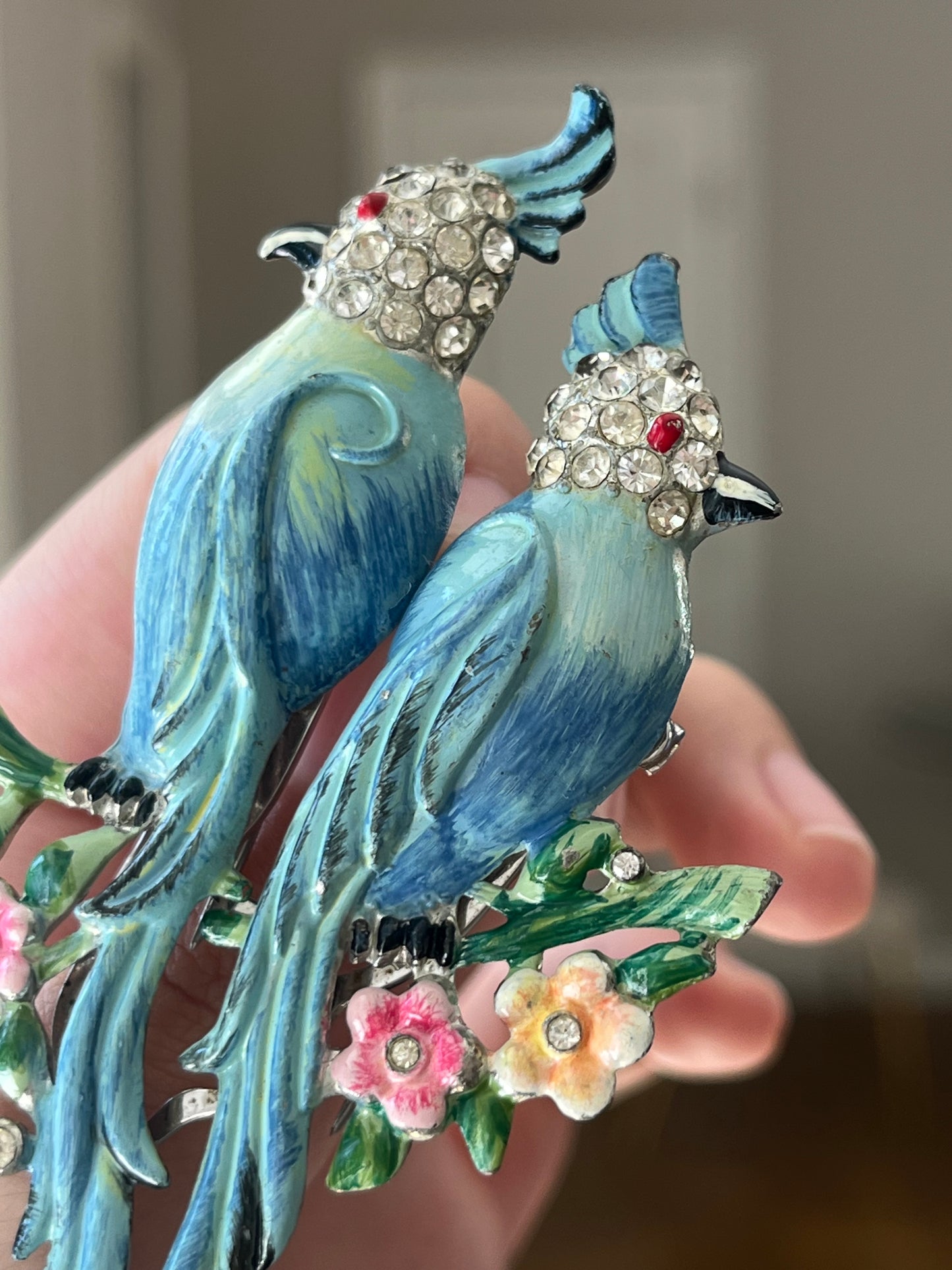Vintage Coro Duette "Love Birds" Book Piece Parrot Blue Enamel Rhinestone Silver-Tone Brooch Fur Clip