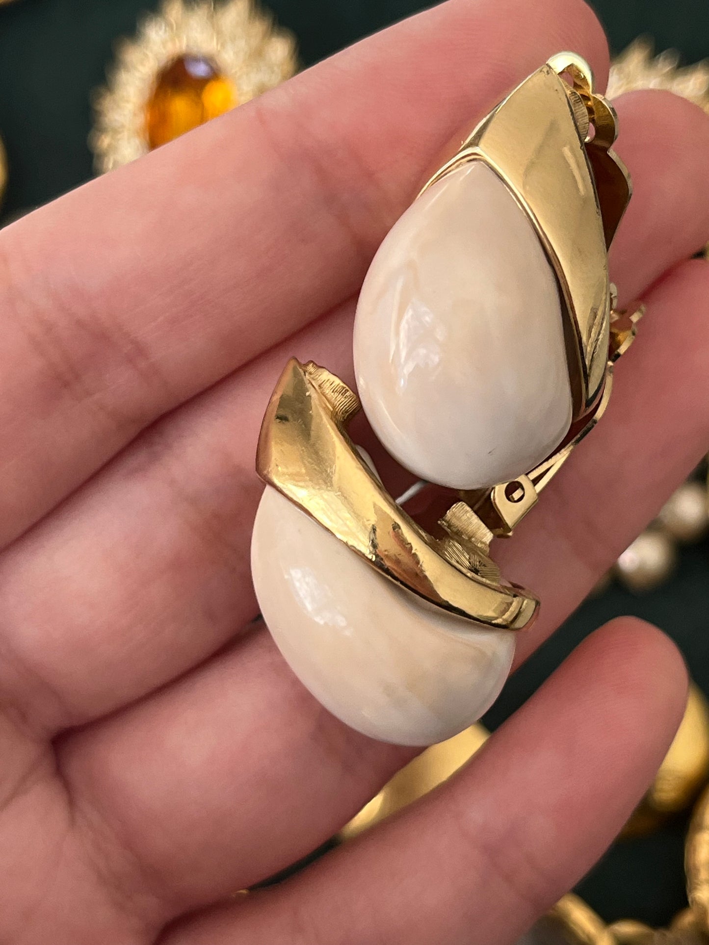 Vintage Givenchy Teardrop Cream Faux Marble Shell Resin Cabochon Gold-Tone Clip-On Earrings