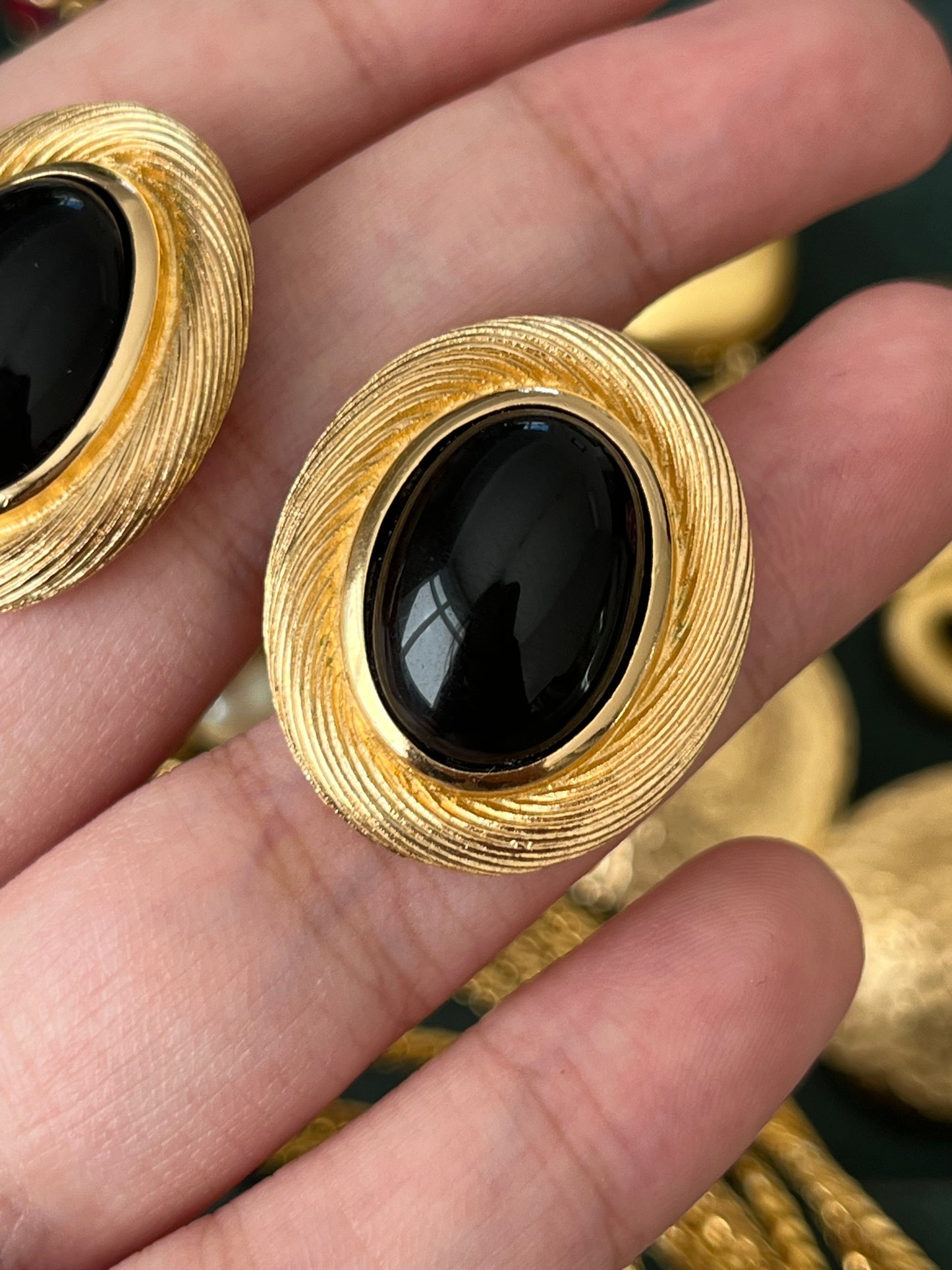 Vintage Christian Dior Oval Black Poured Glass Cabochon Brushed Gold Edge 14k Gold Post Pierced Earrings