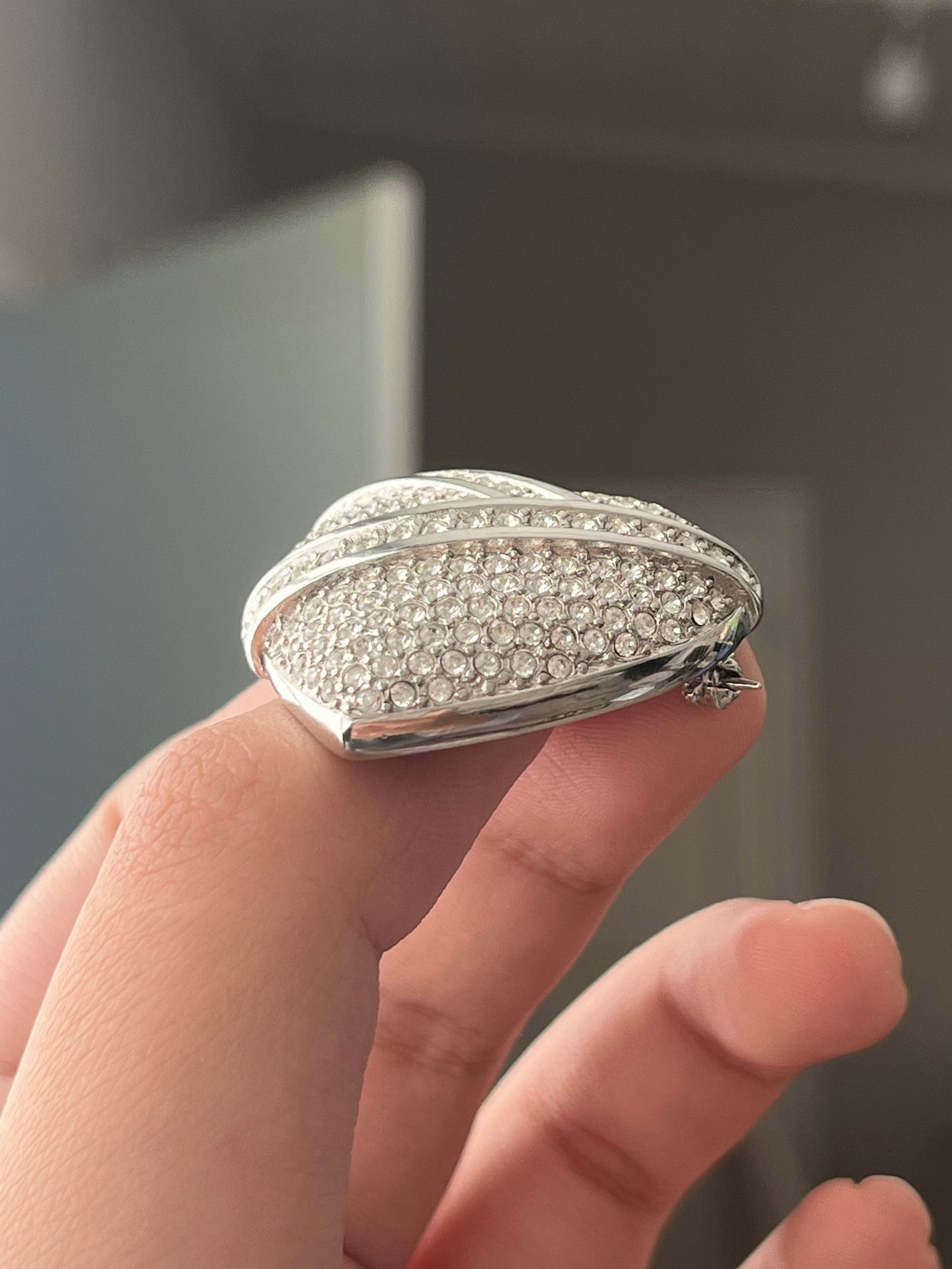 Vintage Christian Dior Wrapped Heart Rhinestone Pavé Silver-Plated Brooch