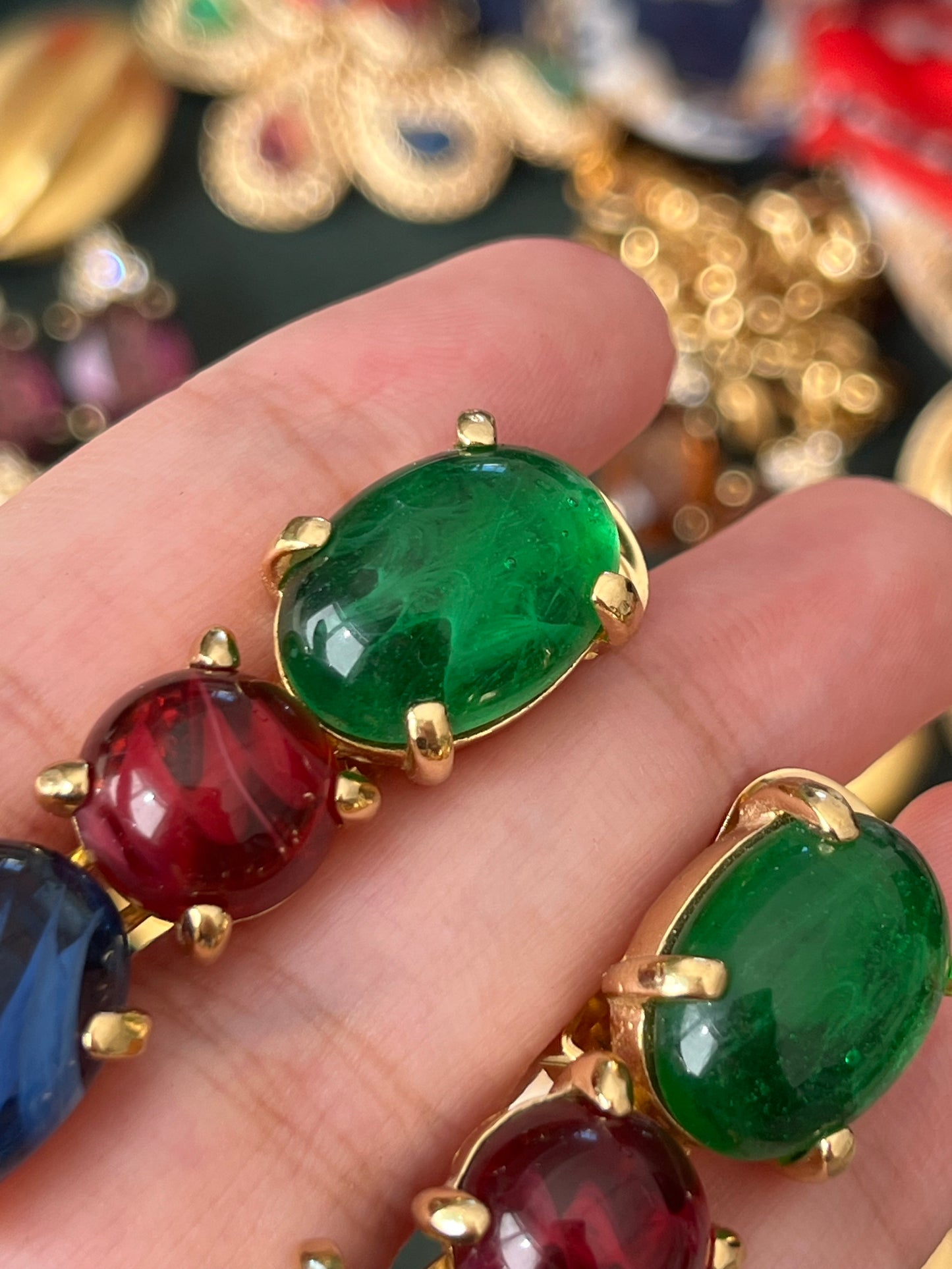 Vintage Christian Dior Tri-Color Oval Poured Swirly Glass Cabochon Prong Drop Gold-Tone Clip-On Earrings