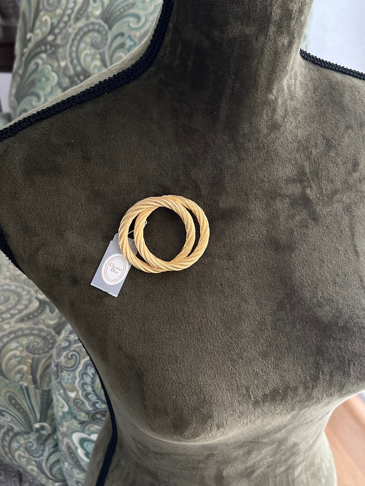 Vintage Christian Dior "Rope" Collection Double Knot Brushed Gold Gold-Tone Round Brooch New in Box