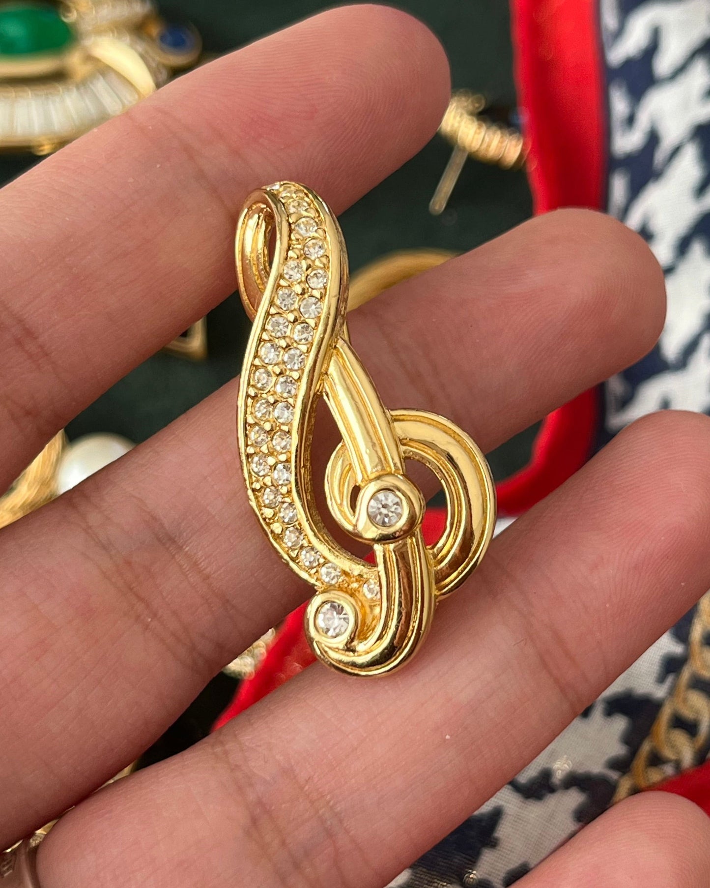 Vintage Christian Dior Treble Clef Music Note Rhinestone Gold-Plated Brooch