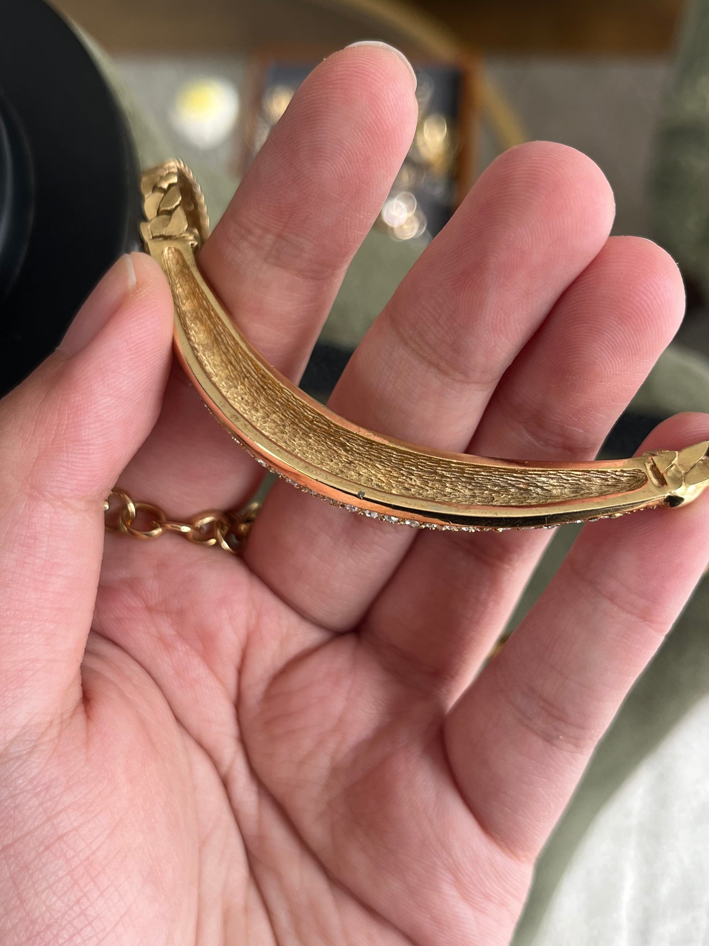 Vintage Christian Dior Crescent Moon Smile Rhinestone Pavé Gold-Tone Chain Necklace