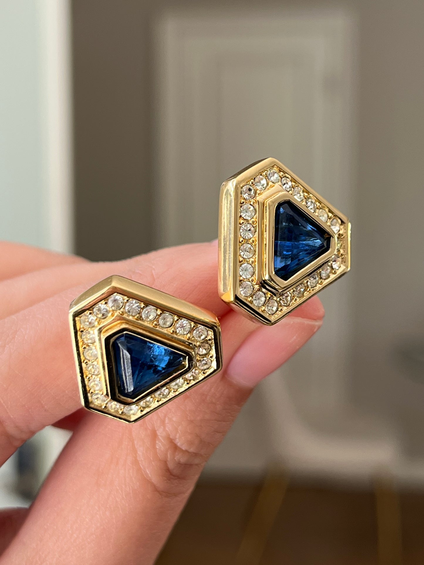 Vintage Christian Dior Triangular Blue Molded Glass Cabochon Rhinestone Gold-Tone Clip-On Earrings