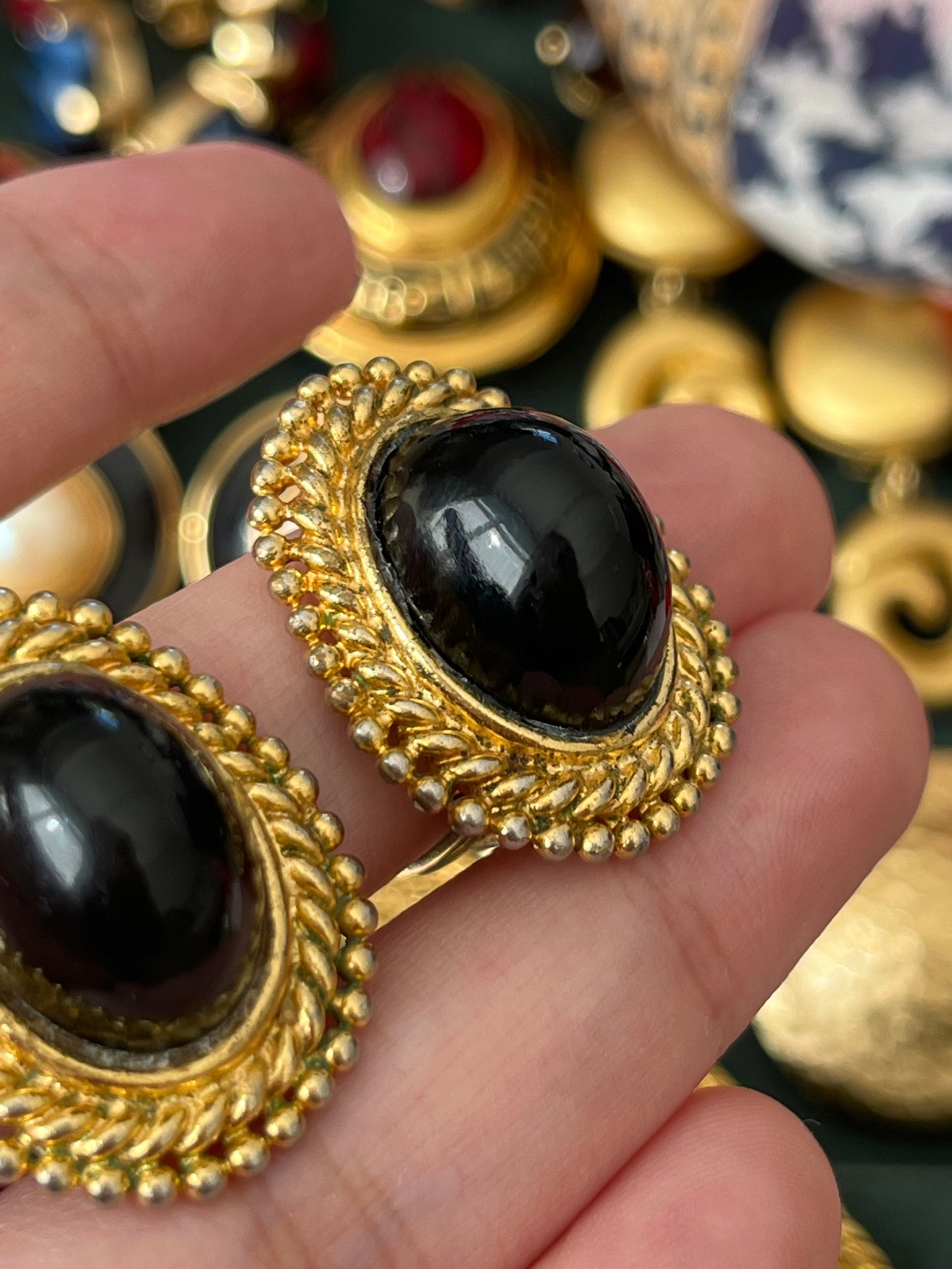 Vintage Christian Dior 1971 Irregular Black Poured Glass Cabochon Dotted Braided Edge Gold-Tone Clip-On Earrings