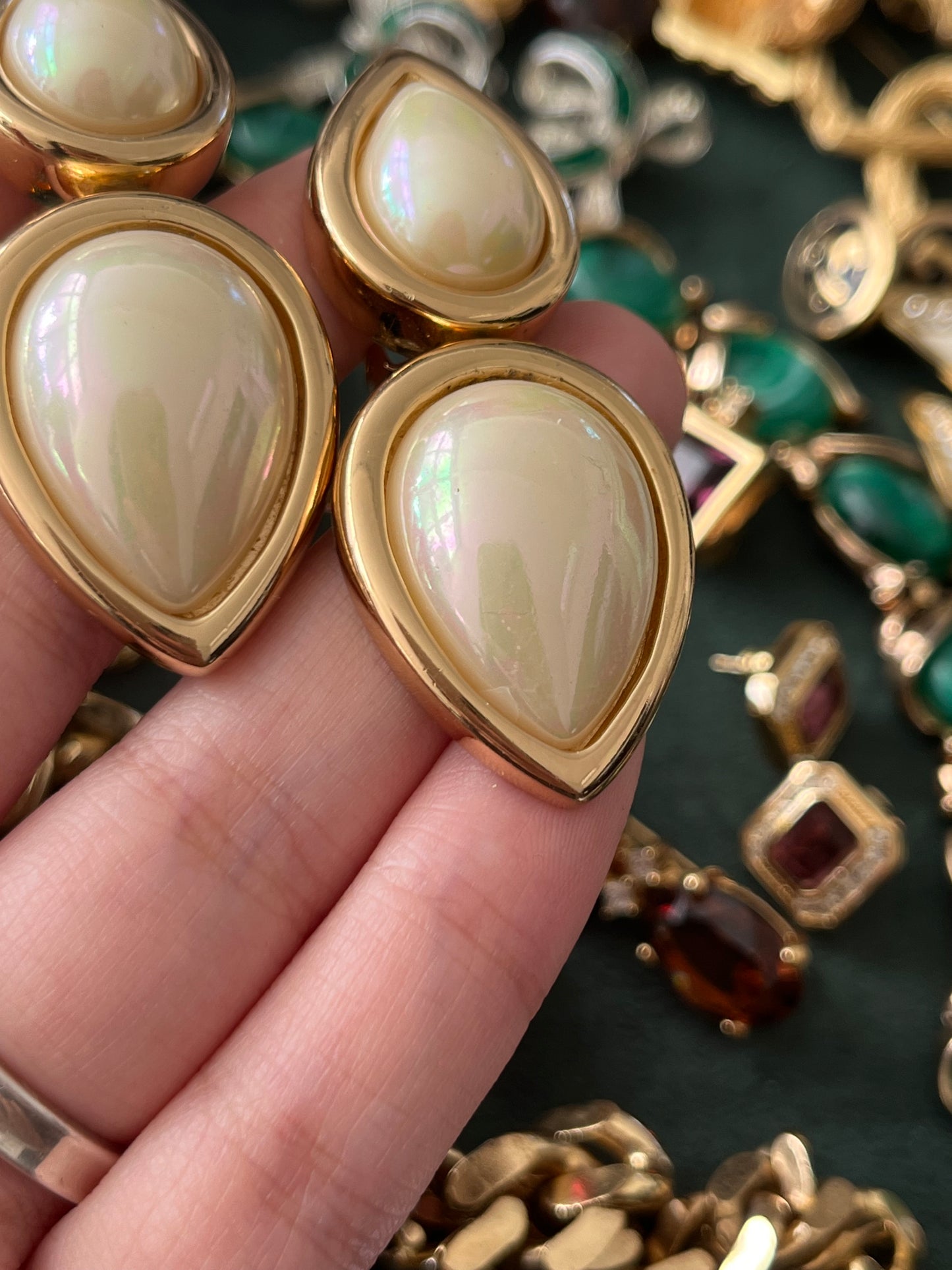 Vintage Christian Dior Teardrop Pearl Cabochon Dangle Drop Gold-Tone Clip-On Earrings