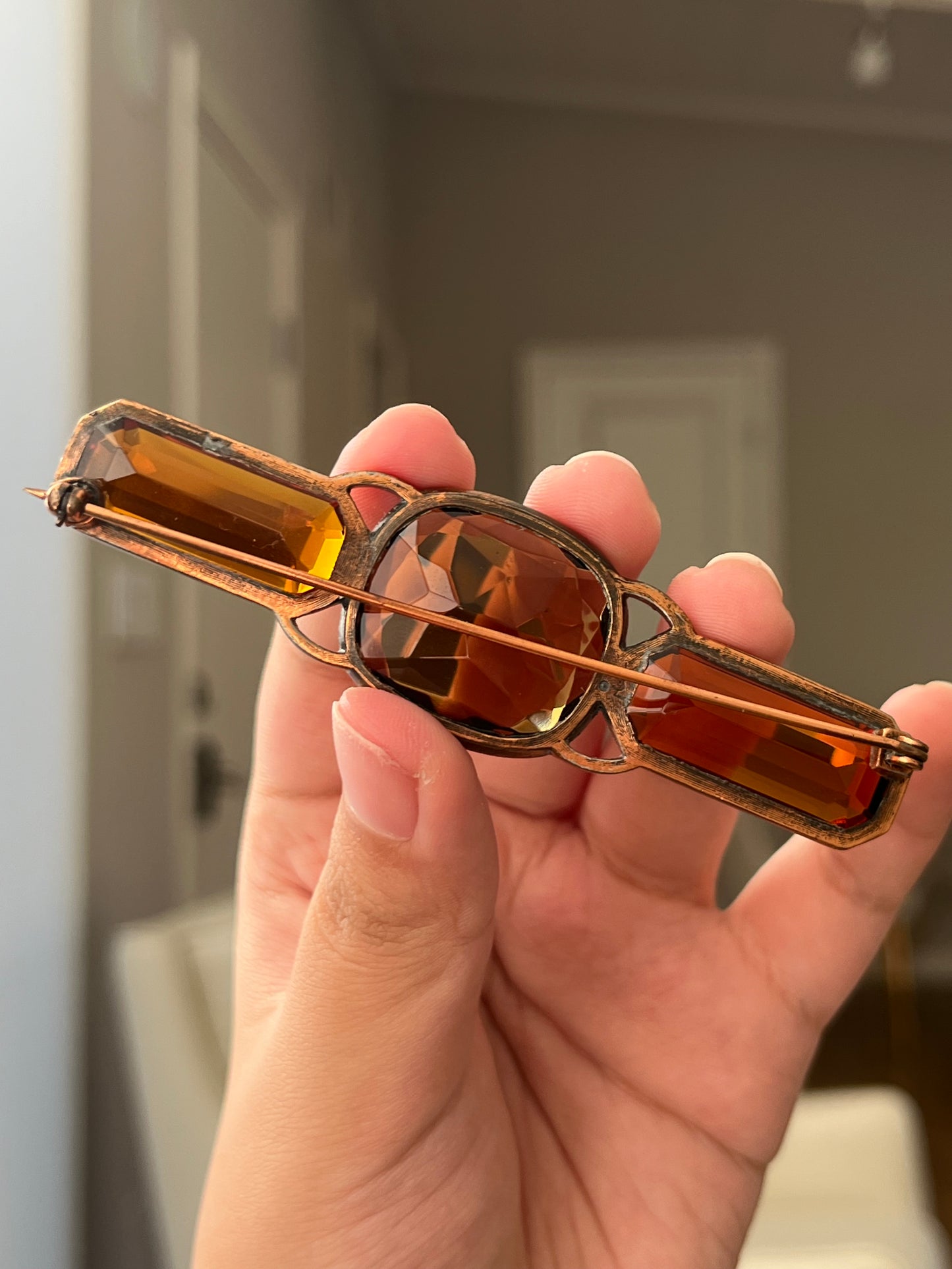 Vintage Yves Saint Laurent YSL Large Open Back Brown Rhinestone Rose Gold-Tone Bar Brooch