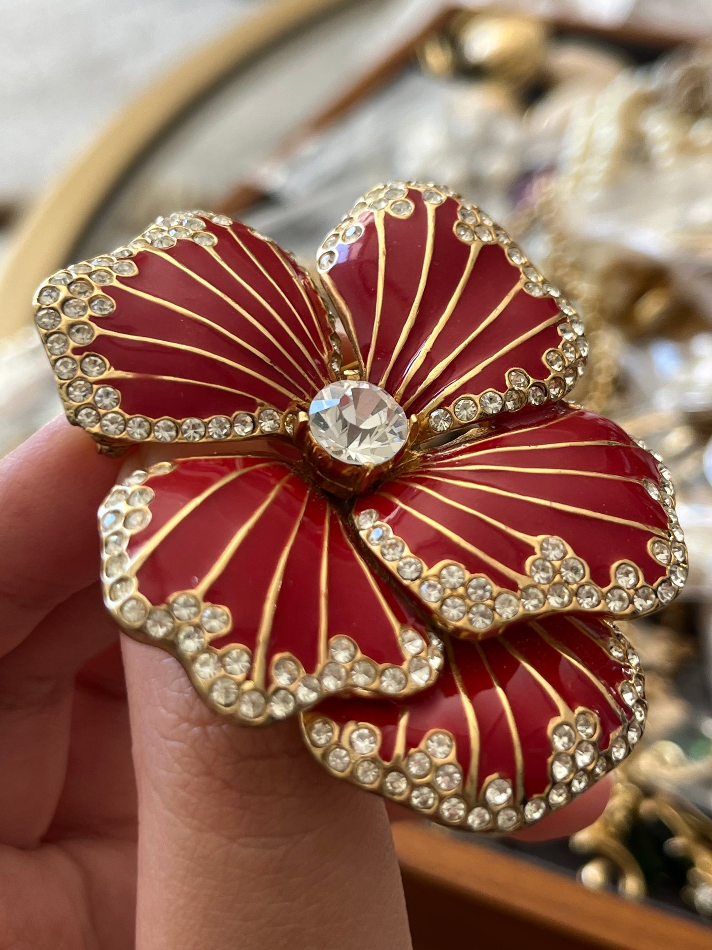 Vintage Ciner Dahlia Flower Red Enamel Rhinestone Edge Stripped Gold-Tone Brooch