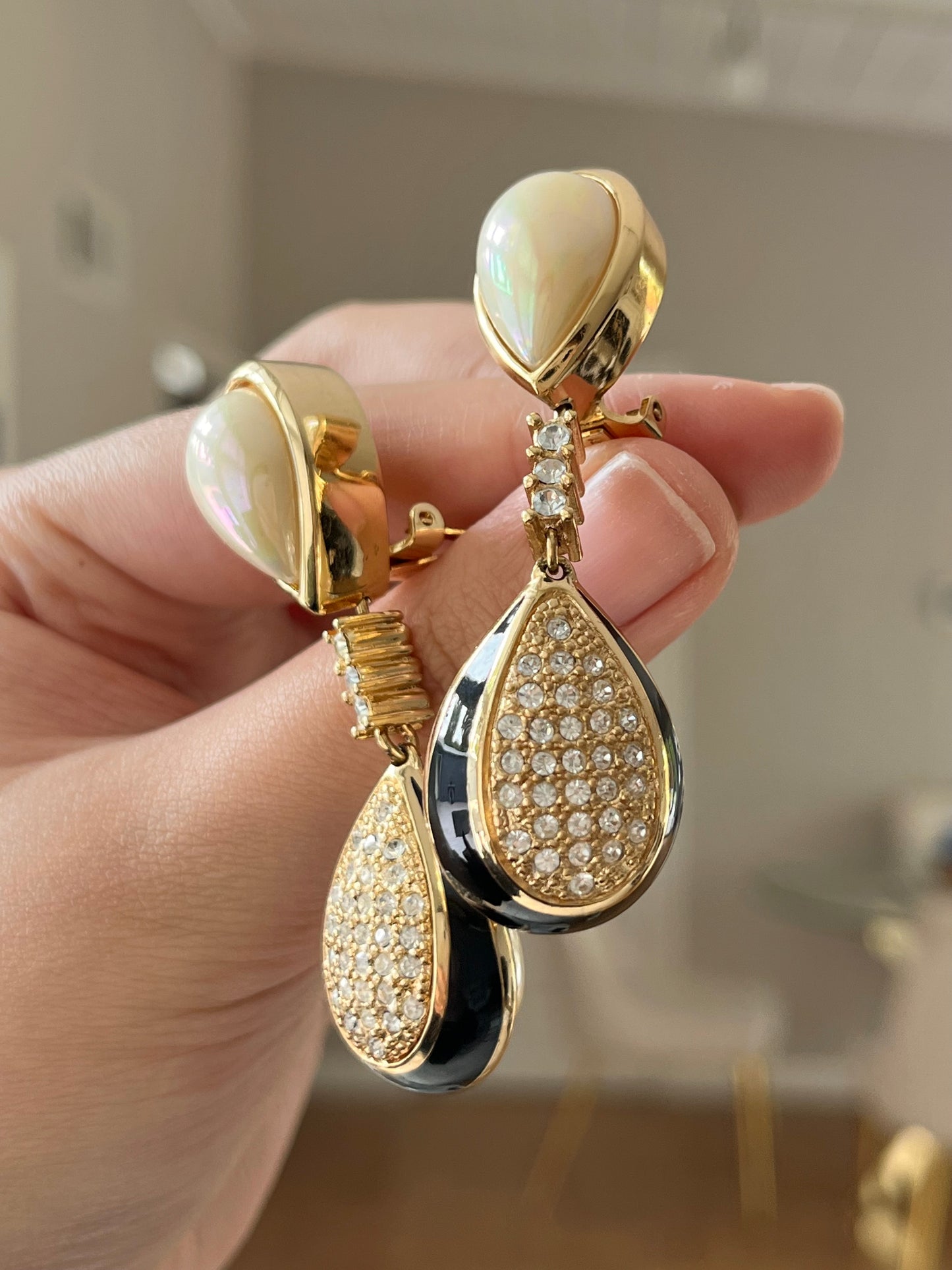 Vintage Christian Dior Pearl Black Enamel Rhinestone Pavé Teardrop Dangle Drop Long Shoulder Brush Two-Side Gold-Tone Clip-On Earrings
