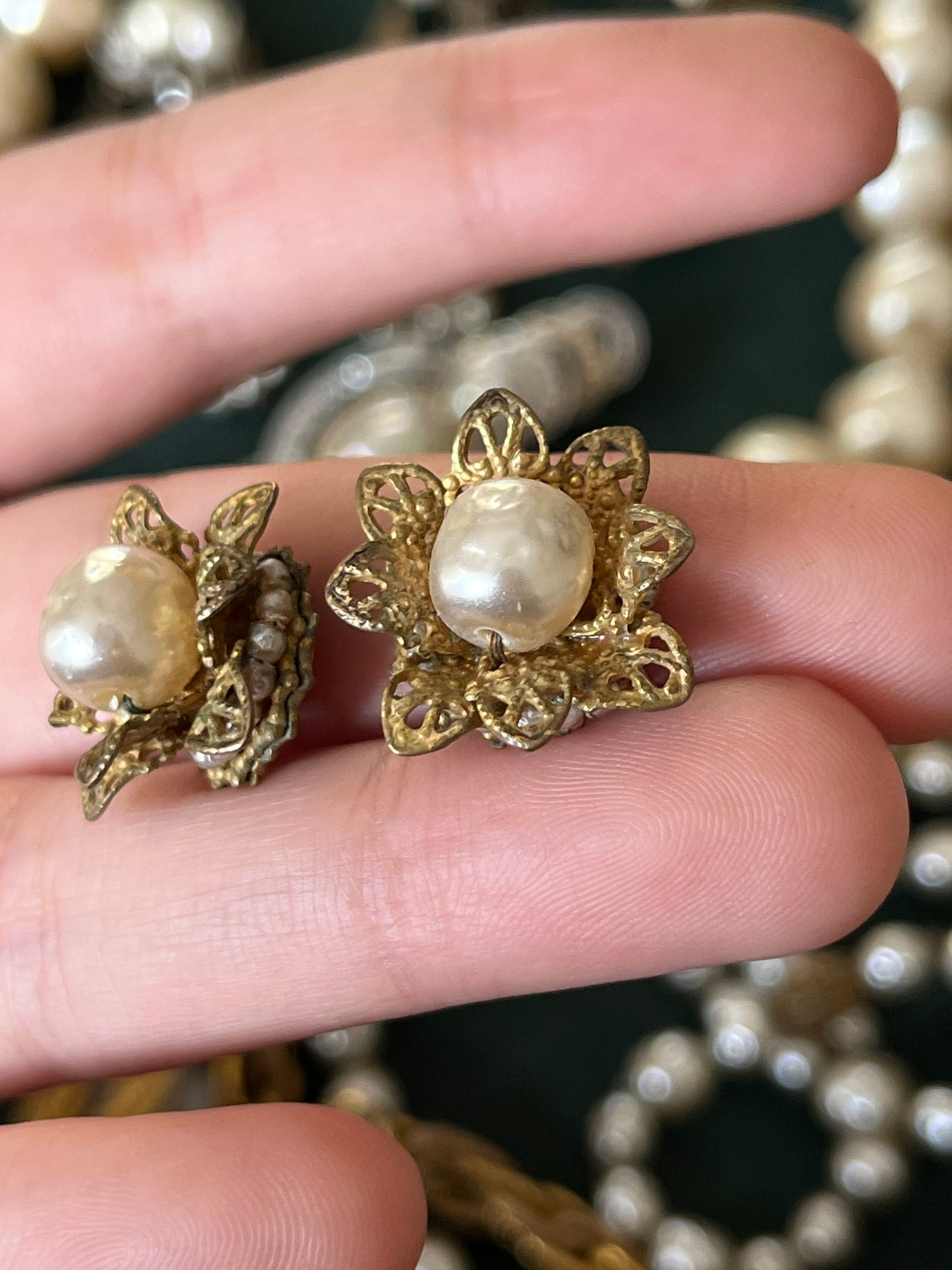 Vintage Miriam Haskell Classic "Niki" Baroque Glass Pearl Bronze-Tone Filigree Screw Back Clip-On Earrings