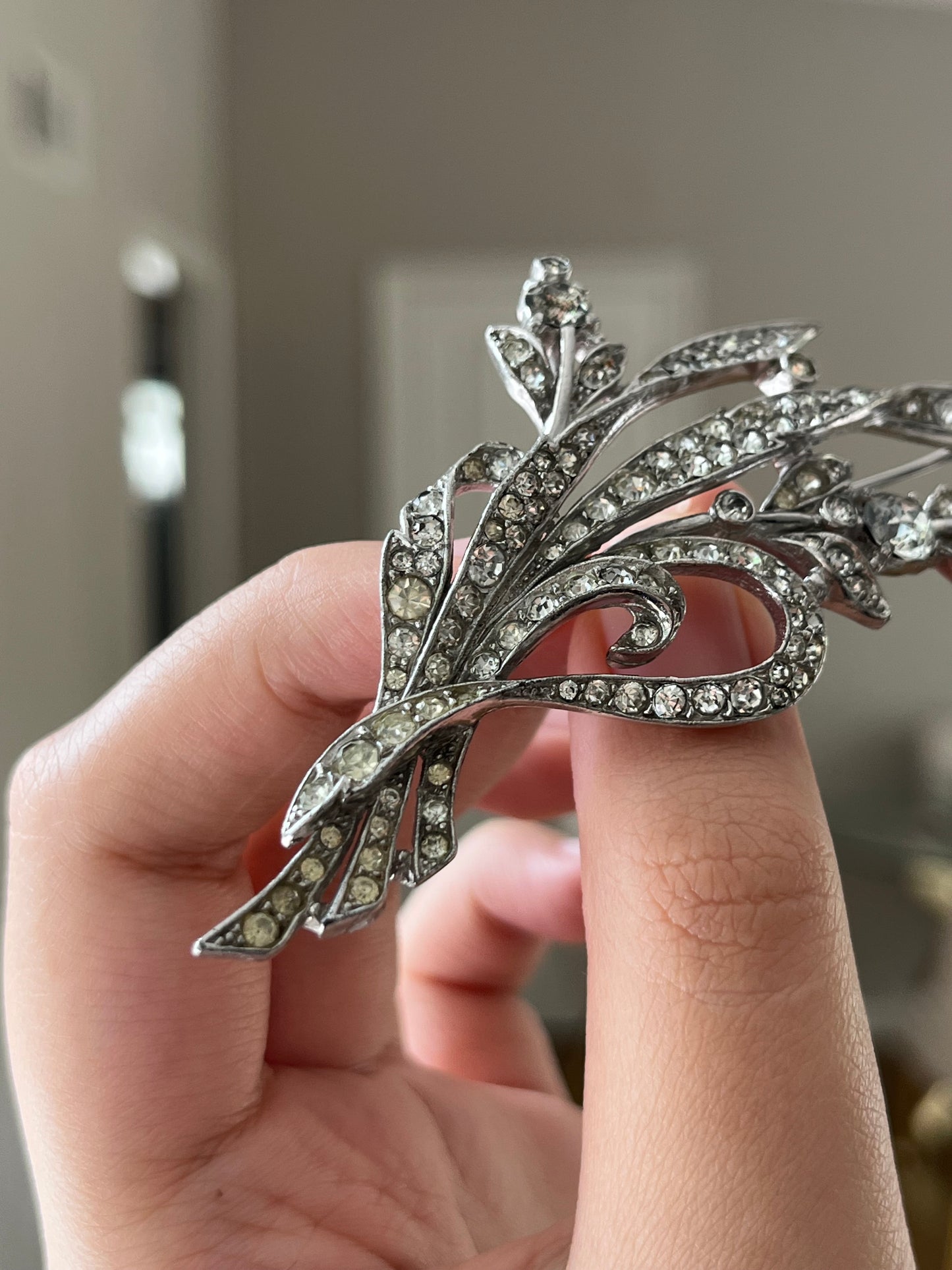 Vintage Crown Trifari 1941 Alfred Spaney Spray Bouquet Flower Rhinestone Silver-Tone Brooch