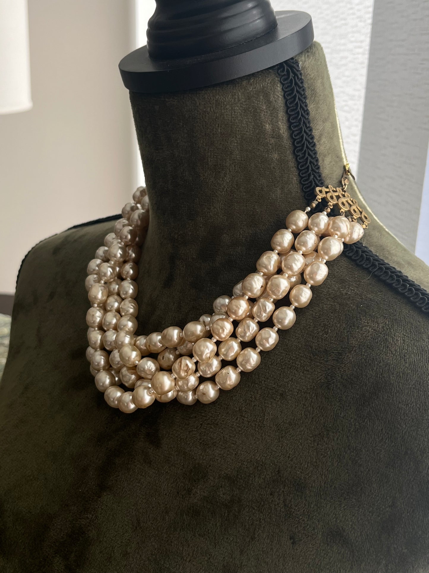Vintage Miriam Haskell Classic "Niki" Baroque Glass Pearl Five-Stranded Beaded Layered Statement Necklace