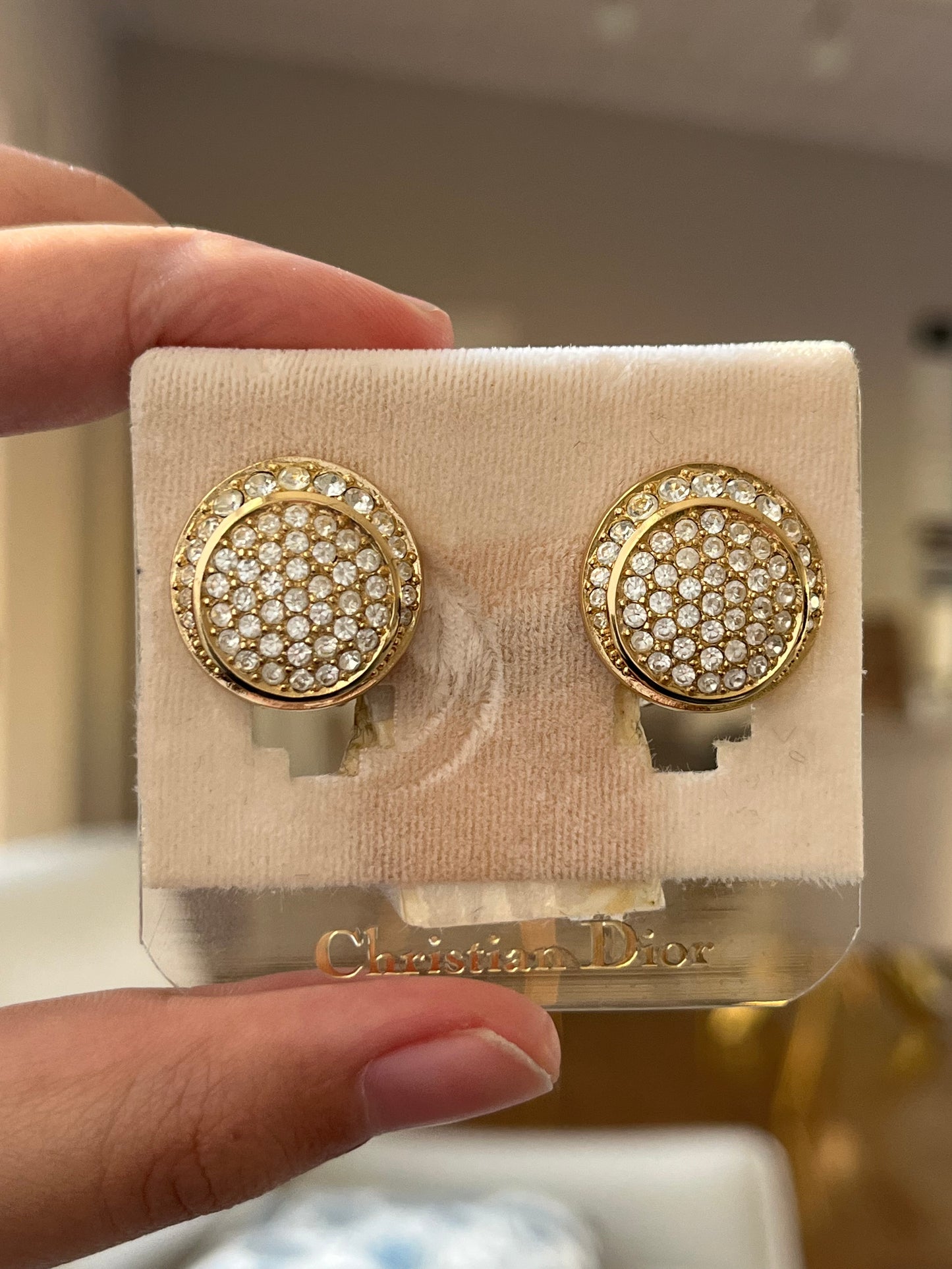 Vintage Christian Dior Rhinestone Pavé Round Gold-Tone Clip-On Earrings with Card