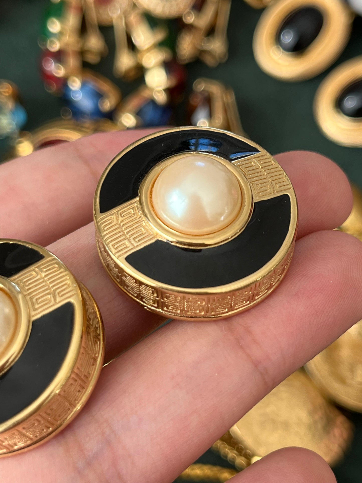 Vintage Givenchy Classic "G" Logo Pearl Black Enamel Round Gold-Plated Clip-On Earrings