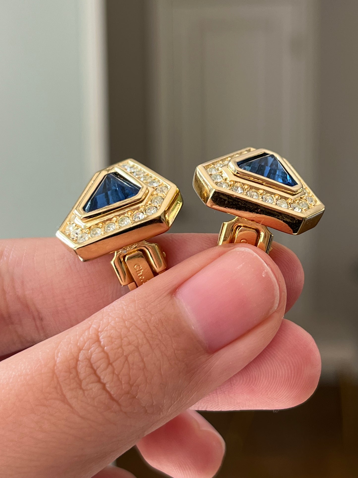 Vintage Christian Dior Triangular Blue Molded Glass Cabochon Rhinestone Gold-Tone Clip-On Earrings