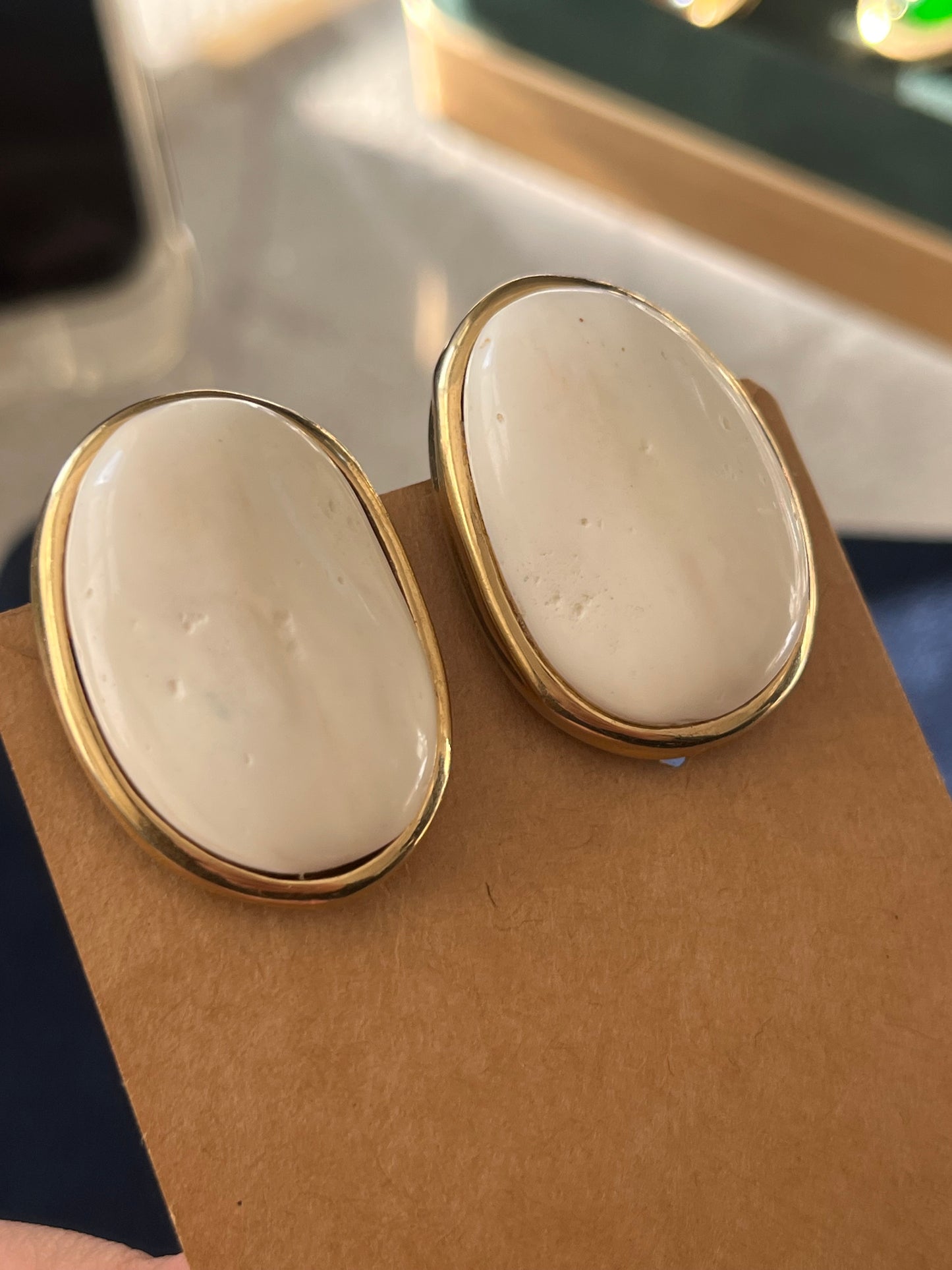 Vintage Givenchy Irregular Cream Faux Marble Shell Resin Cabochon Gold-Tone Clip-On Earrings
