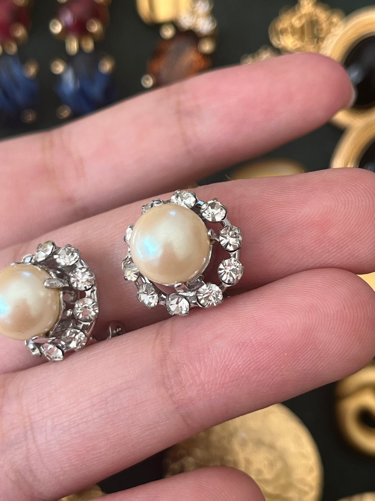 Vintage Christian Dior 1960 Pearl with Rhinestone Edge Mini Round Silver-Tone Clip-On Earrings