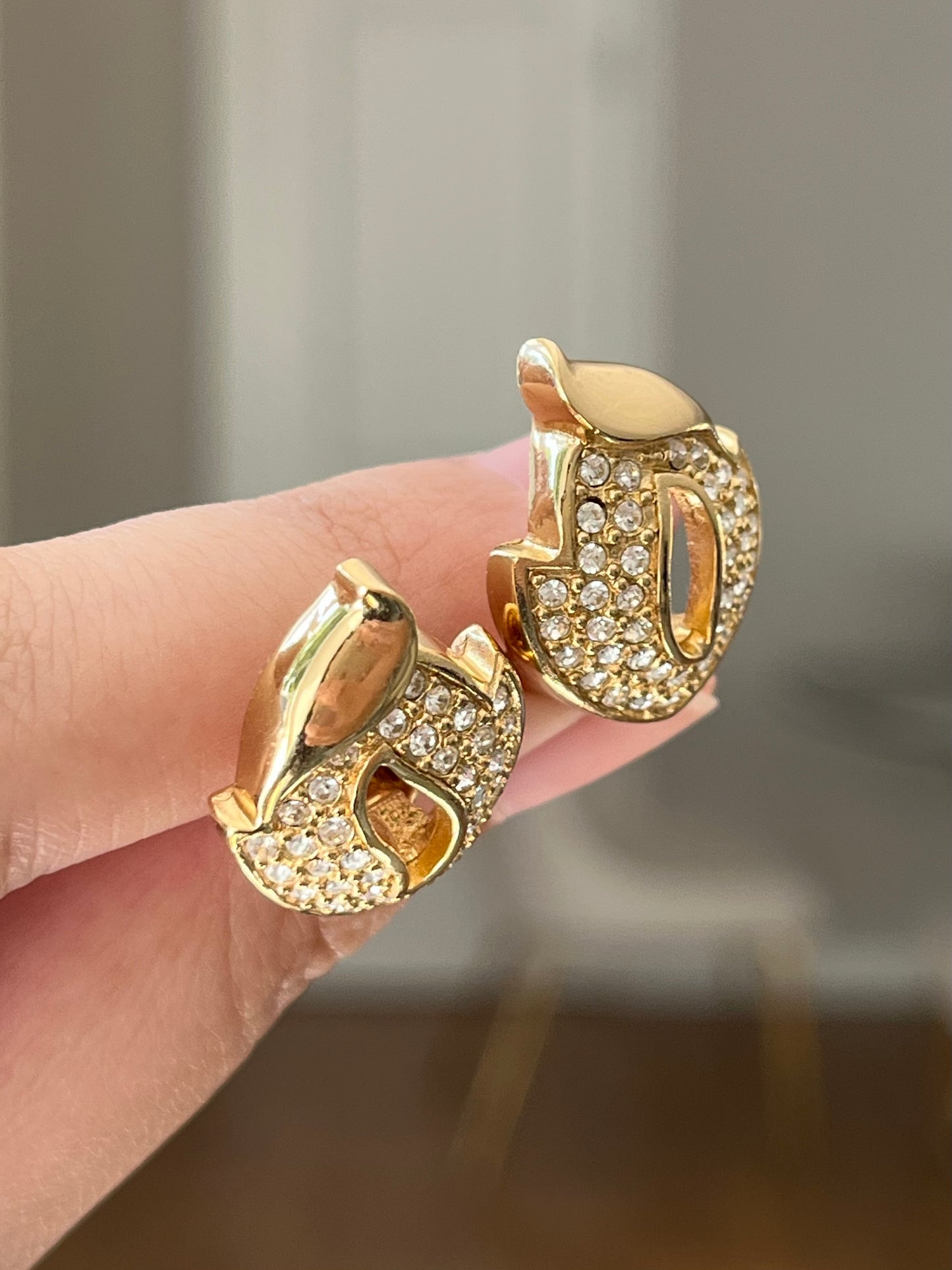 Vintage Christian Dior Pedal Flame Rhinestone Pavé Gold-Tone Clip-On Earrings