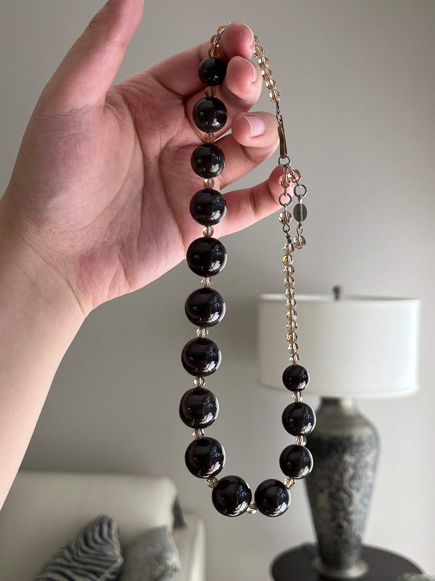 Vintage Christian Dior 1960 Purplish Gray Round Swirly Glass Bead Statement Necklace