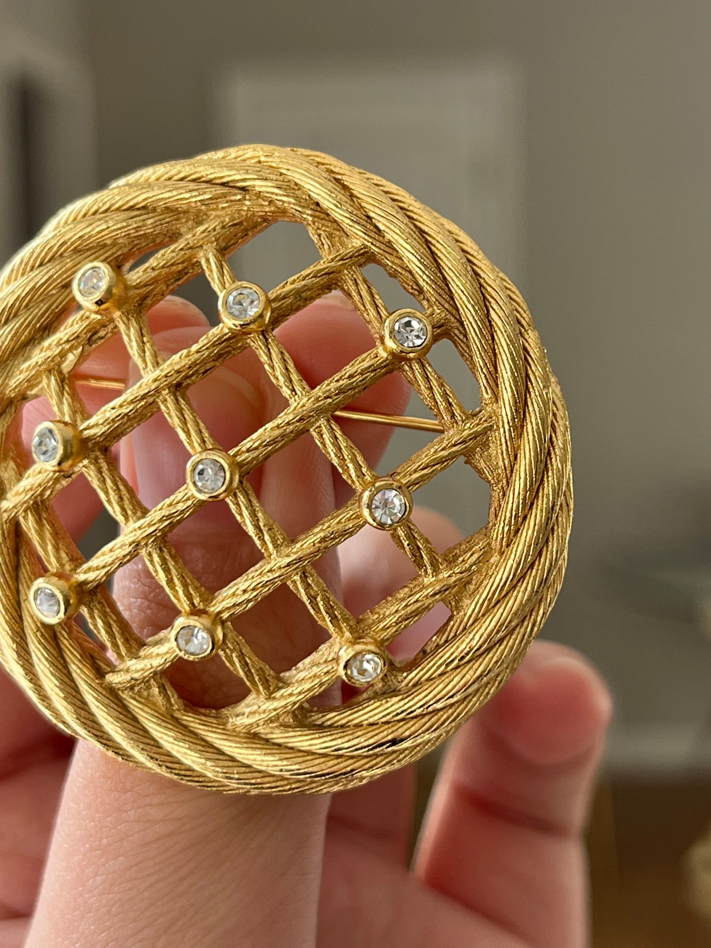 Vintage Christian Dior "Rope" Collection Dream Catcher Braided Knot Rhinestone Round Gold-Tone Brooch